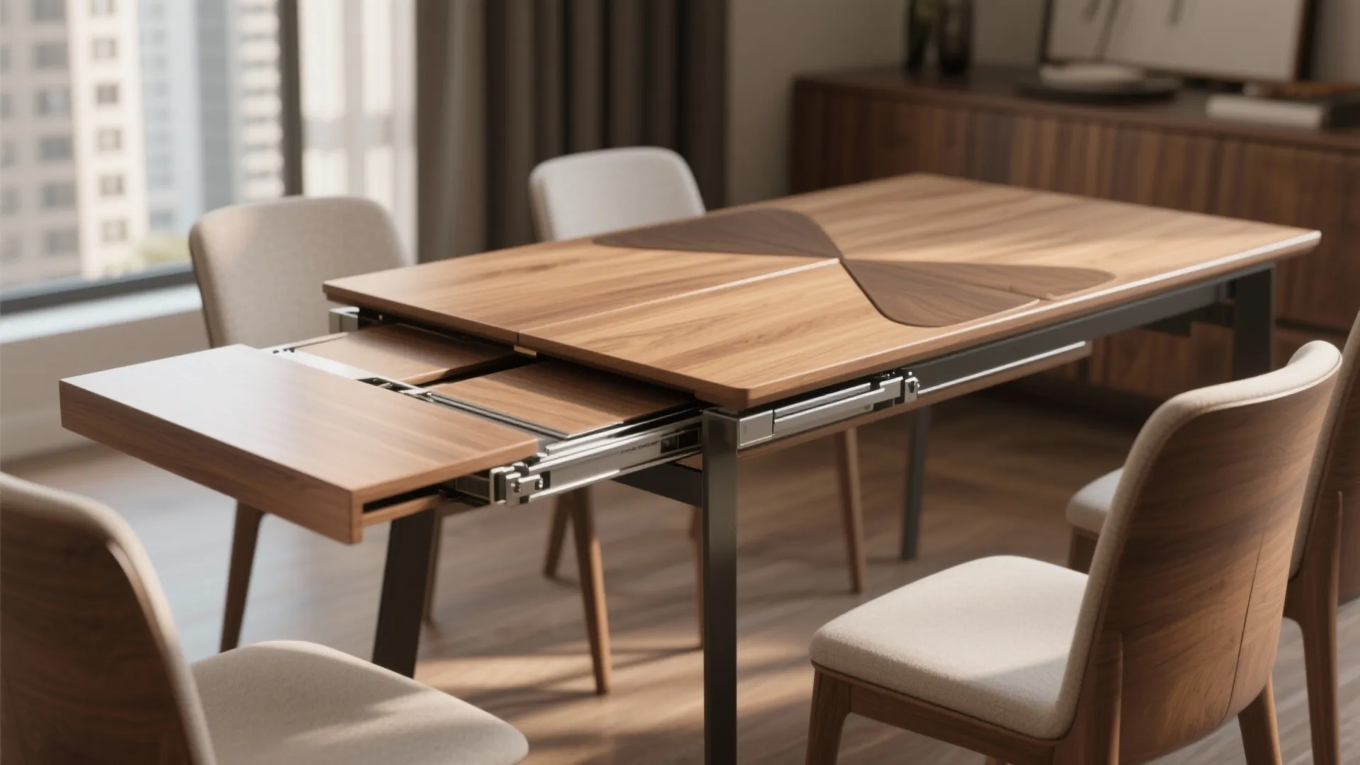 Compact dining table with a butterfly extension partially deployed, showing the hidden leaf and smooth mechanism.