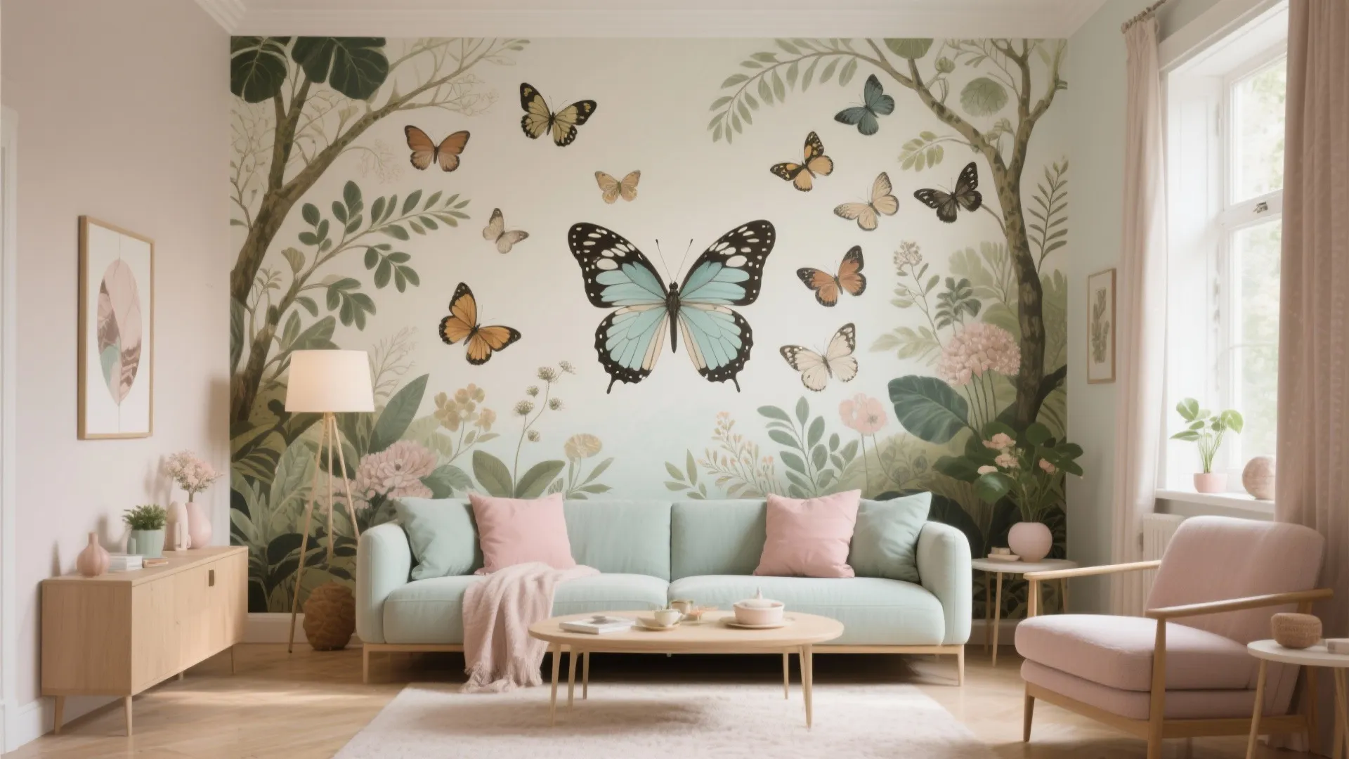 Modern living room with a butterfly wall mural behind a light blue sofa and pillows