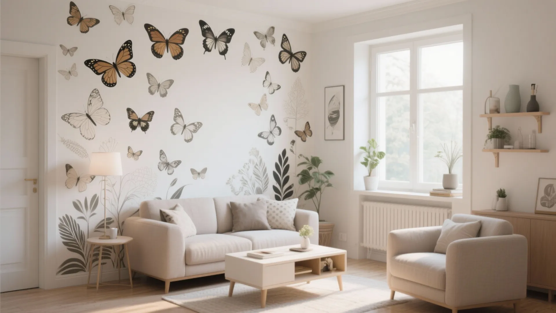 Bright living room with many butterfly wall stickers above a white sofa and armchair furniture