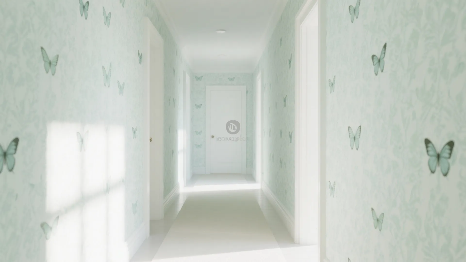 Bright white hallway featuring light blue wallpaper with small green butterfly patterns and white interior doors