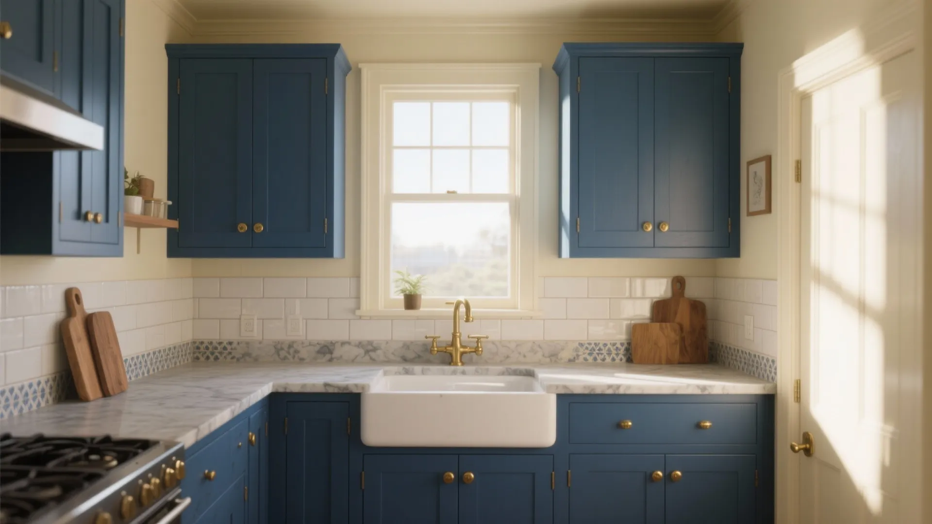 Blue cabinets and white marble countertops with a white sink under a bright sunny window