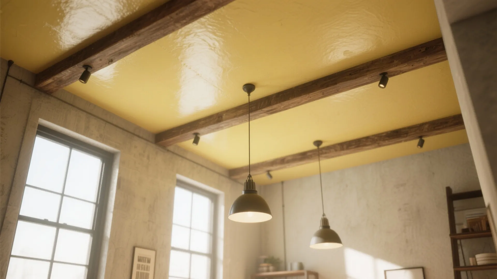Interior view looking up at yellow ceiling with dark wood beams and black light fixtures