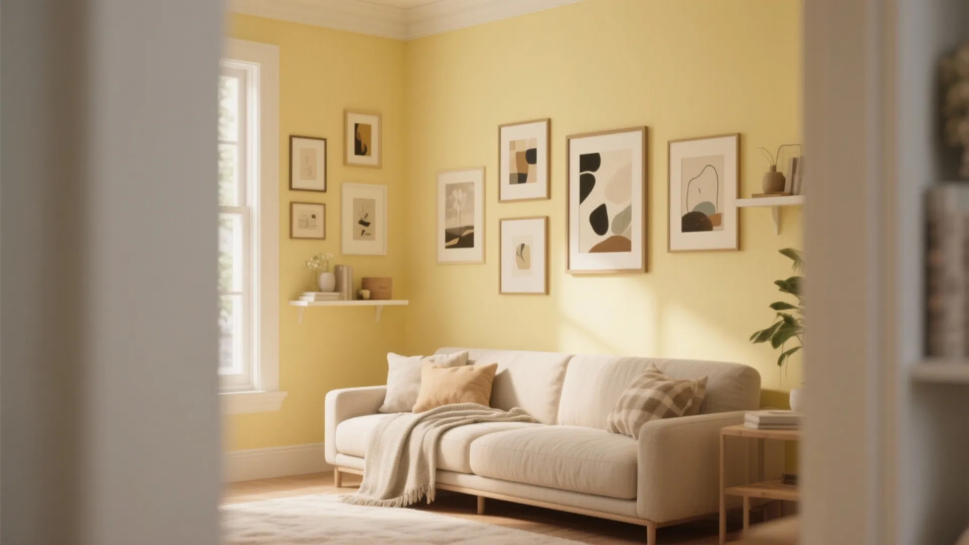 Living room with yellow walls white sofa gallery wall frames and natural light from windows