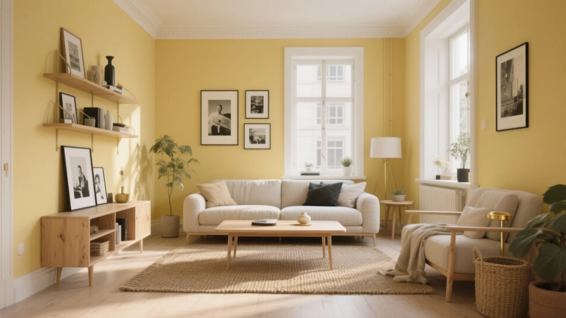 Modern yellow living room with white sofa wooden coffee table jute rug and black wall art