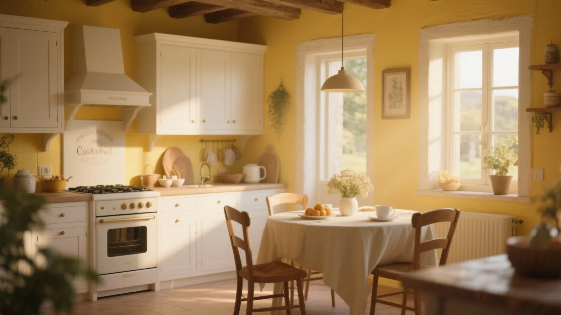 Bright yellow kitchen with white cabinets dining table wood beam ceiling and warm natural sun light