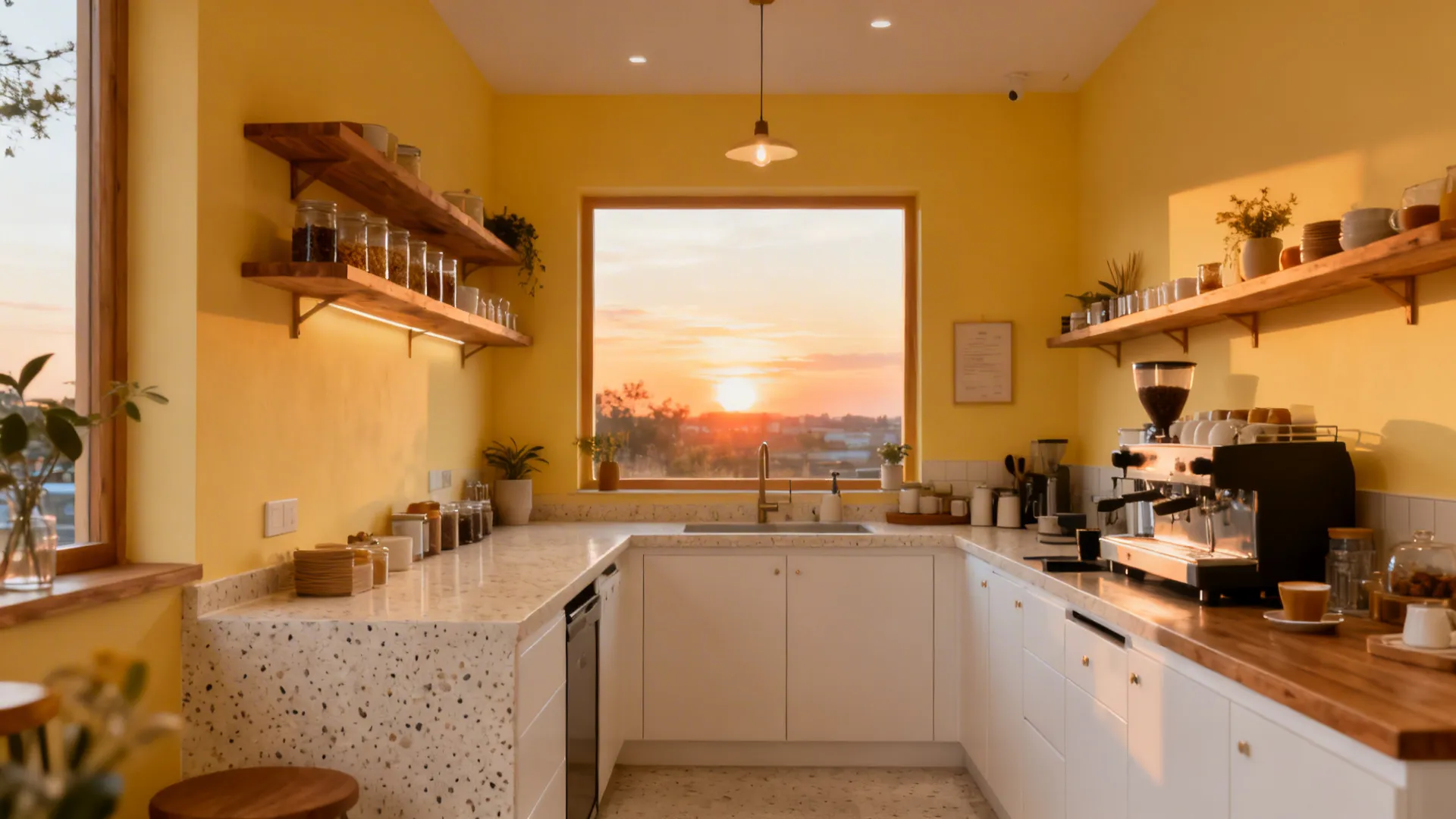 Small kitchen with soft buttery yellow walls, wood shelves, and white cabinets.