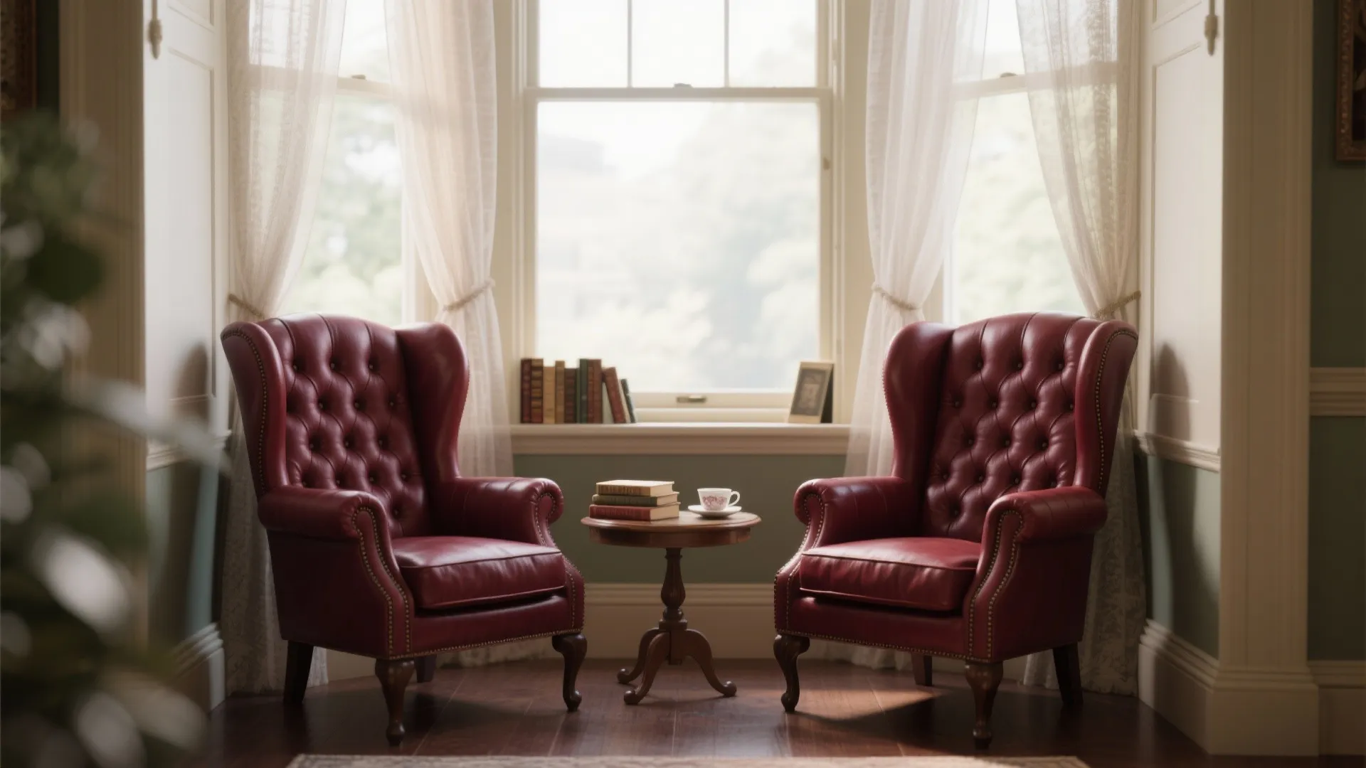 Two red leather chairs facing each other with small round table and books near large window