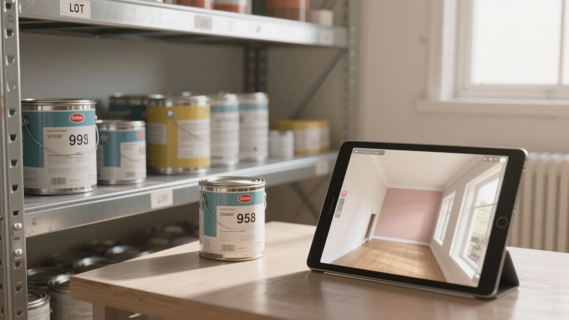 Tablet showing interior design drawing of pink wall room beside paint cans on wooden table