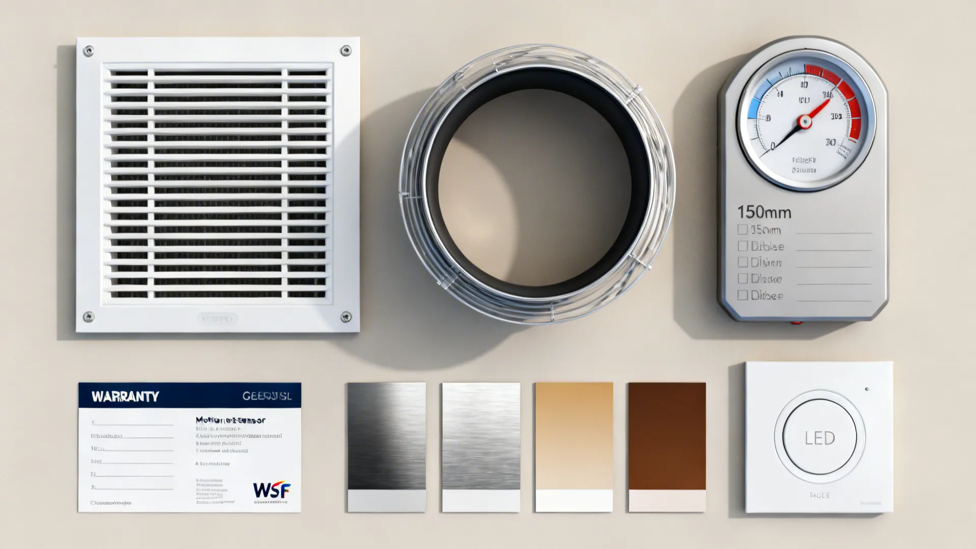 Flat-lay of baffle filter, duct ring, decibel meter, warranty card, motion control, and LED samples.