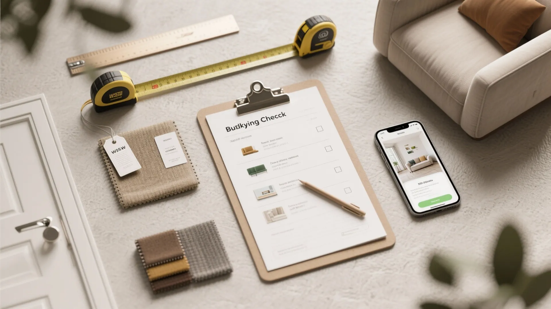 Flatlay checklist with measuring tape, fabric swatches and a room planner on a phone for buying a small-space chaise.