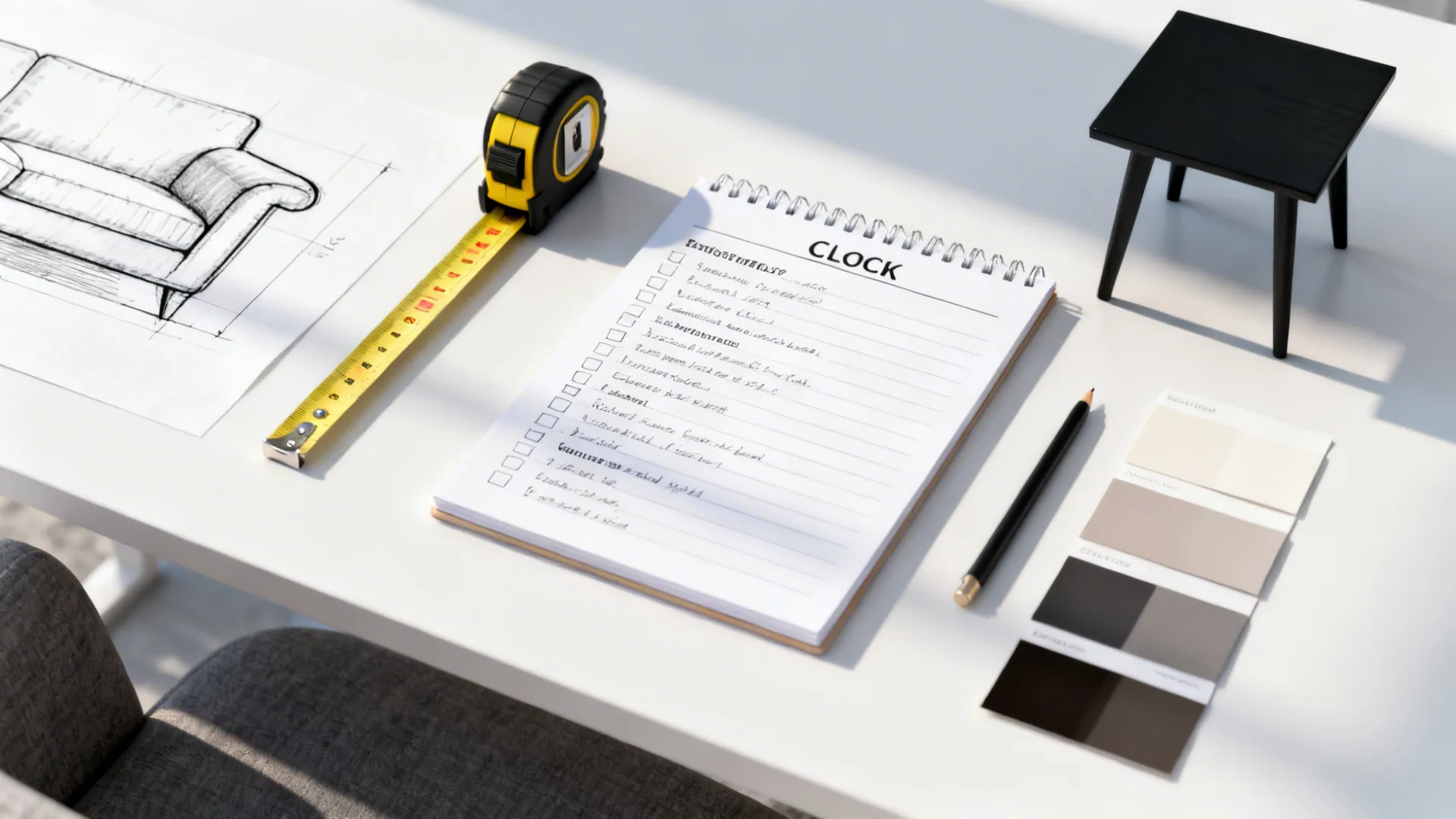 Top-down checklist with tape measure, swatches, and a small model black end table for pre-purchase planning.