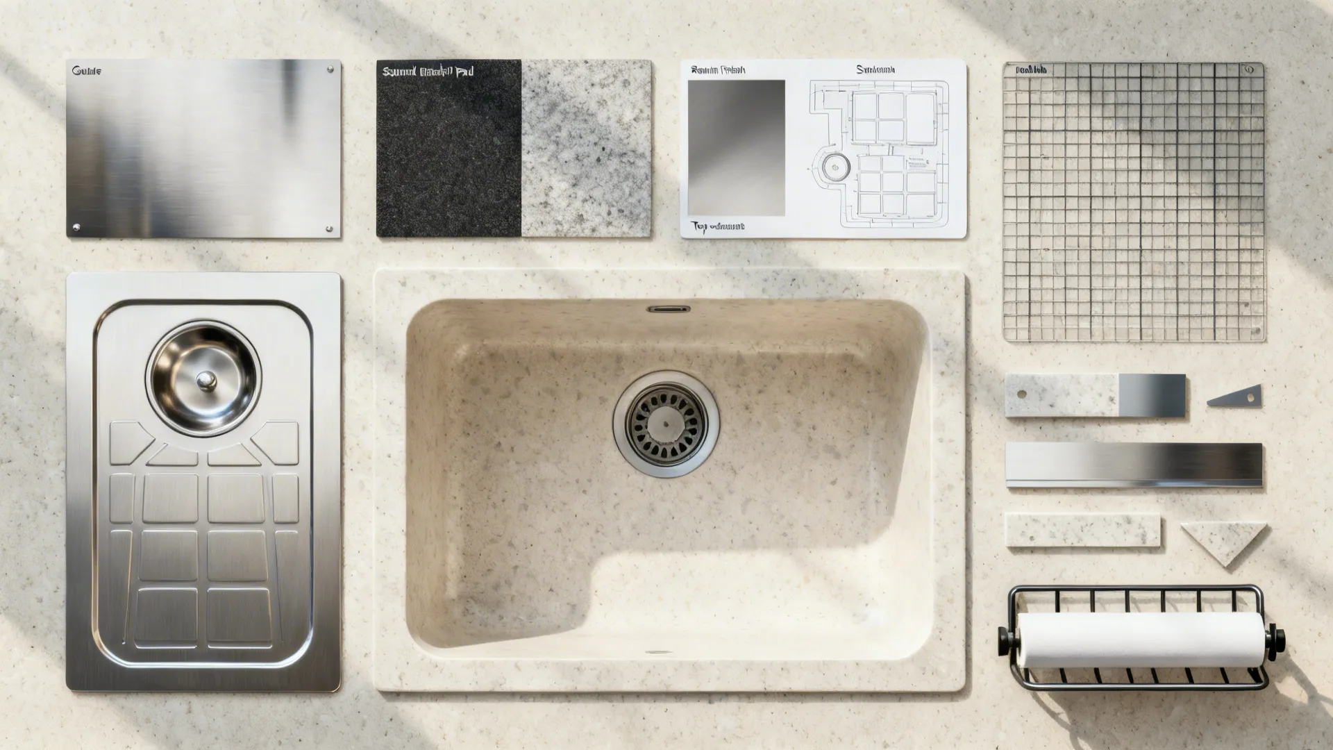 Checklist flat lay of sink choices: gauge and grade samples, pads, finish swatch, rear drain layout, and accessories.