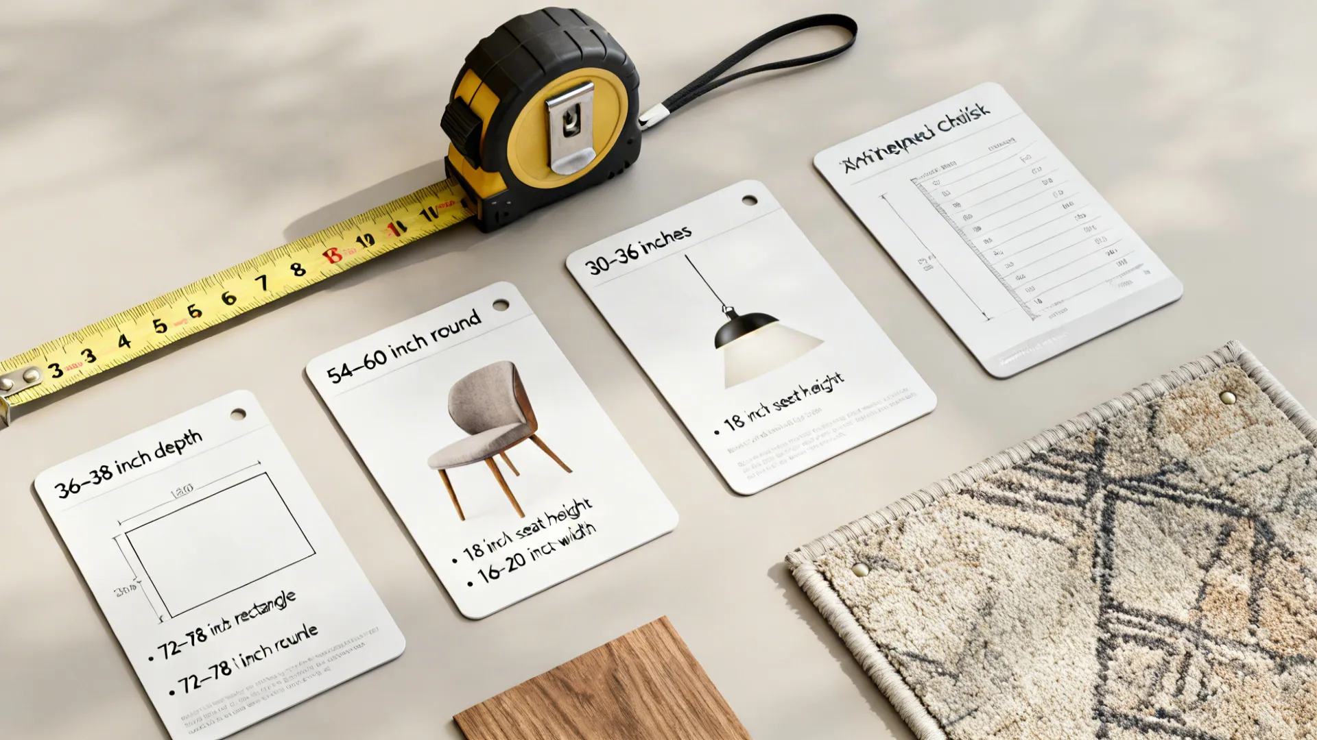 Flat lay of dining sizing cards, chair specs, pendant height guide, and rug swatches for a six-seater.