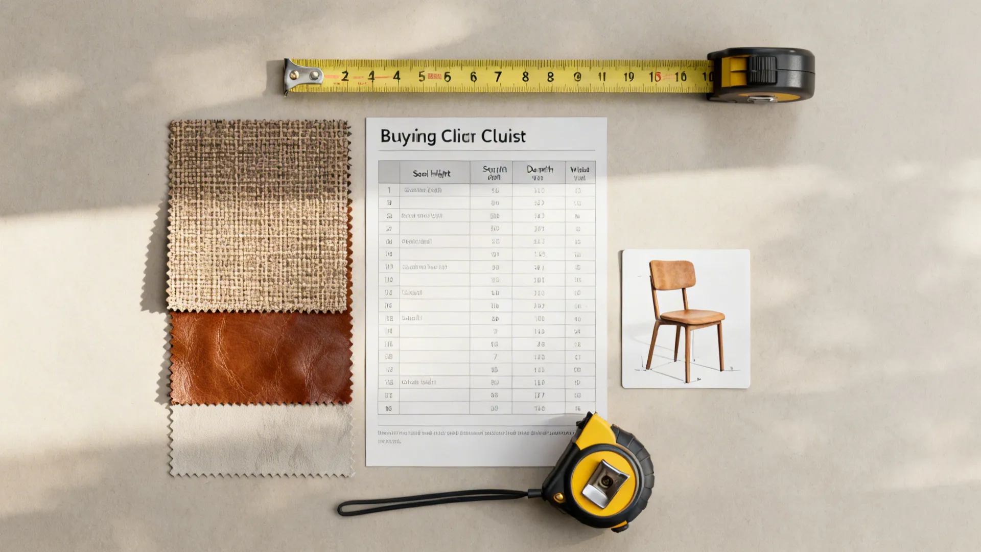 Flatlay of a small-chair buying checklist with measuring tape and fabric swatches.