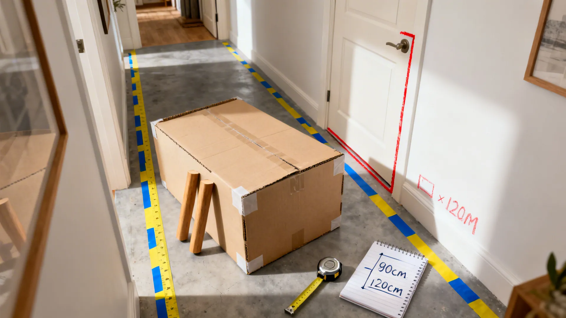 Top-down view of measuring a doorway and hallway path with a boxed sofa and tools.