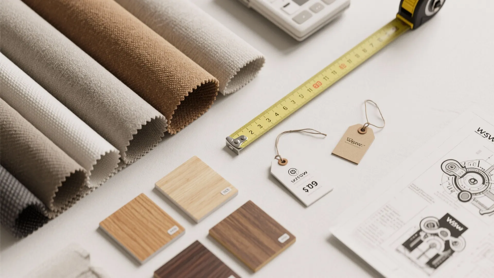 Interior design materials including fabric rolls wood samples measuring tape and paper drawings on table