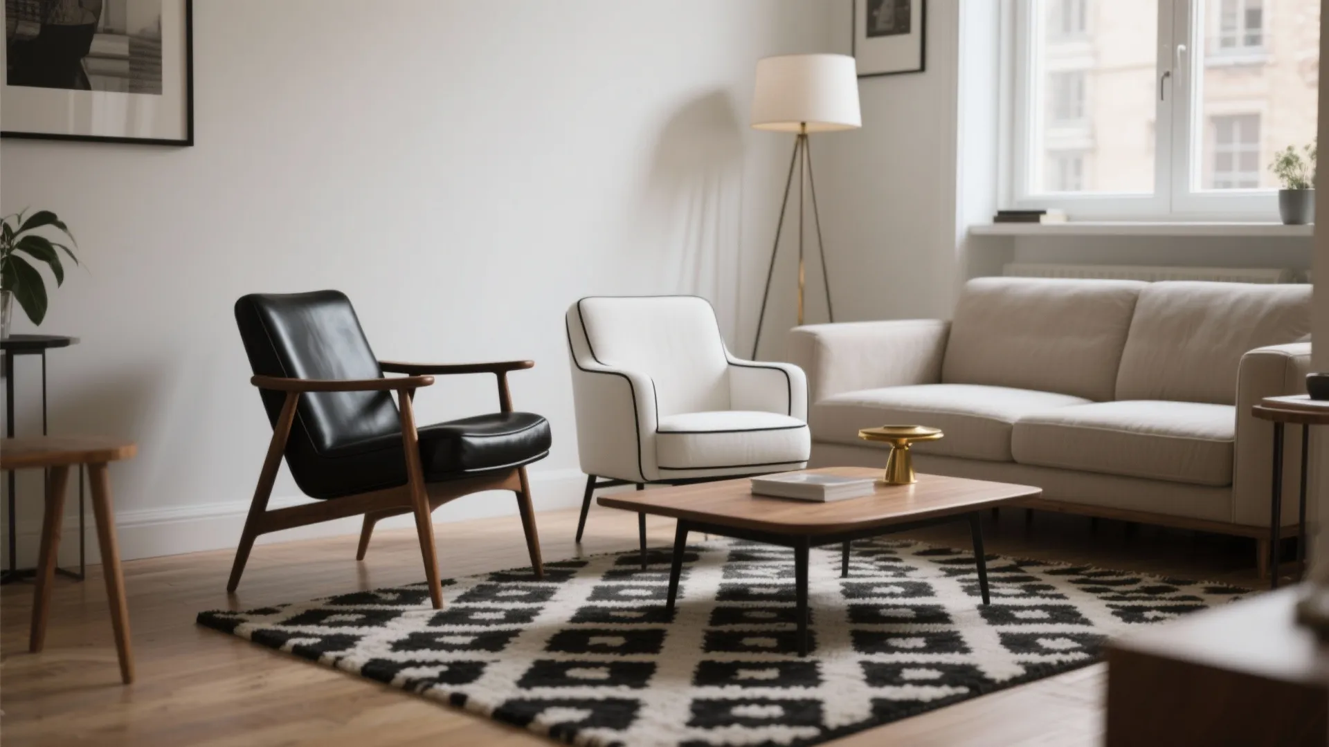 Modern living room featuring black and white chairs, wooden coffee table, beige sofa, and rug