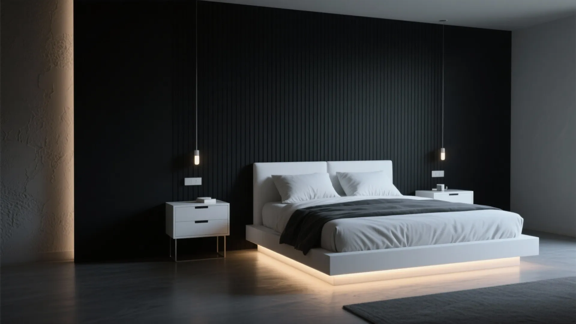 Modern minimalist bedroom with black wall panel, white bed, glowing floor light, and nightstand table