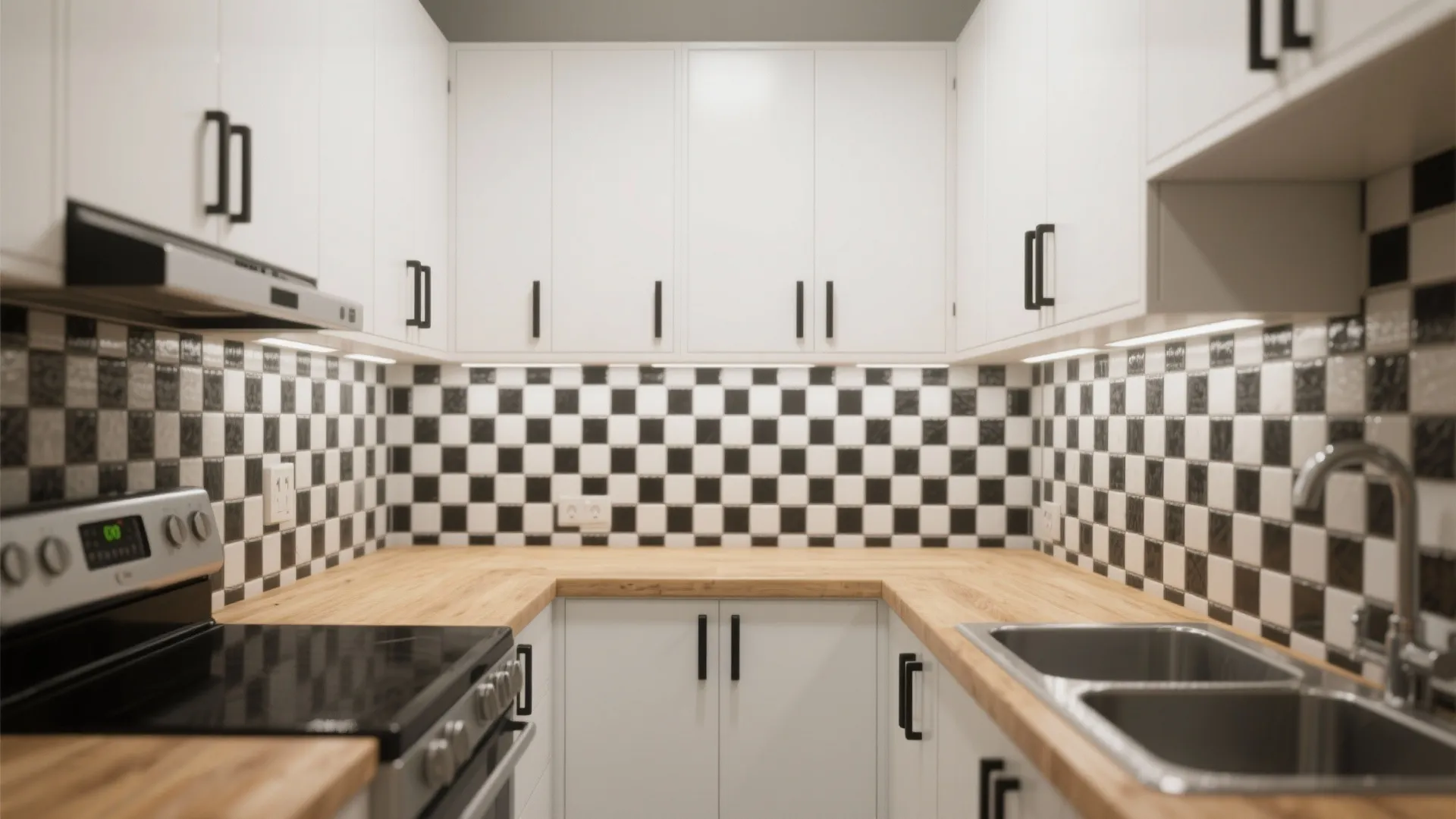 Modern kitchen with white cabinets black and white checkered tile wall wooden countertop and silver sink