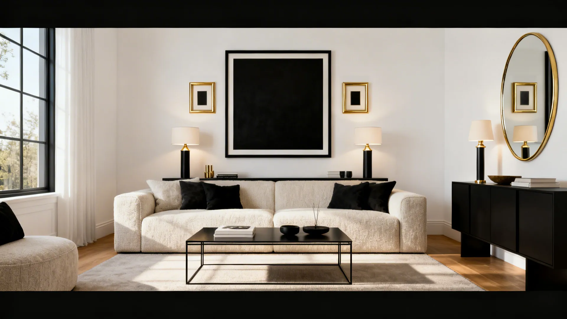 Modern living room with white sofa black pillows gold wall mirror and black storage cabinet