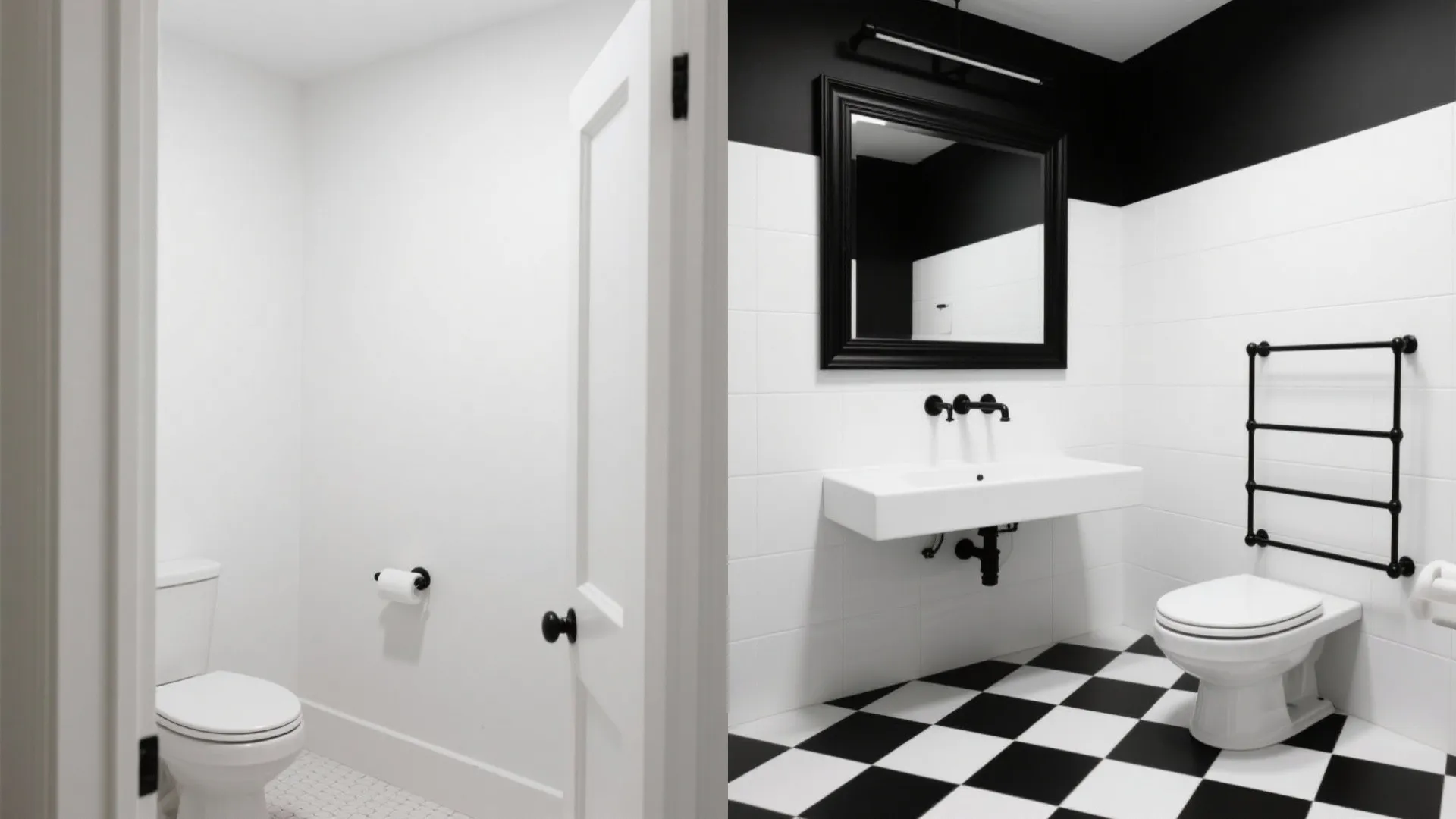 Before-and-after of a small bathroom transformed with black hardware and checkerboard floor.