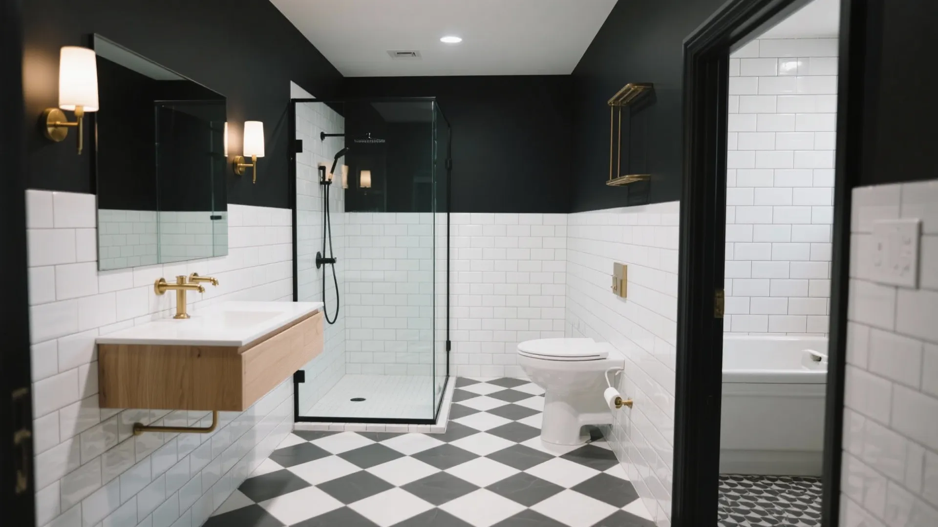Black and white bathroom with checkered floor glass shower wooden cabinet and gold wall light