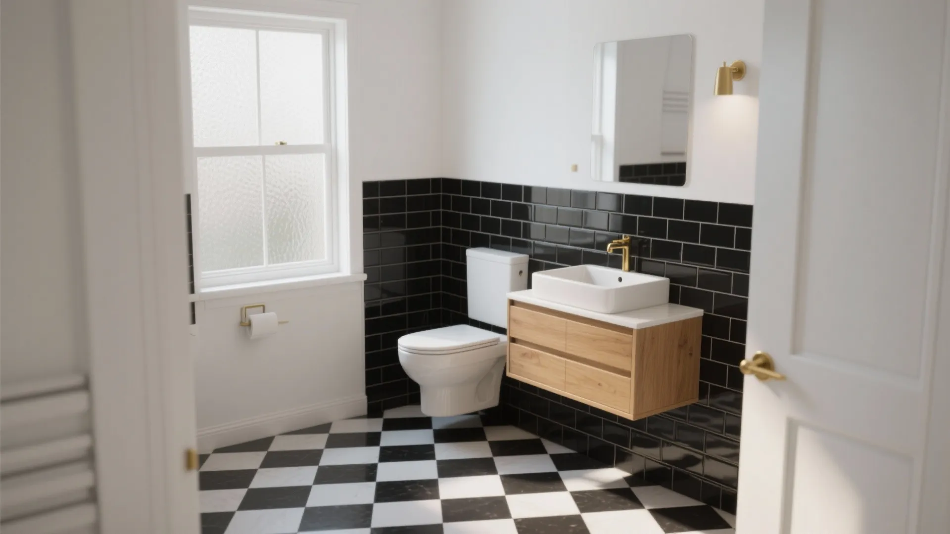 Bathroom interior with black and white floor tiles wooden cabinet toilet and a bright window