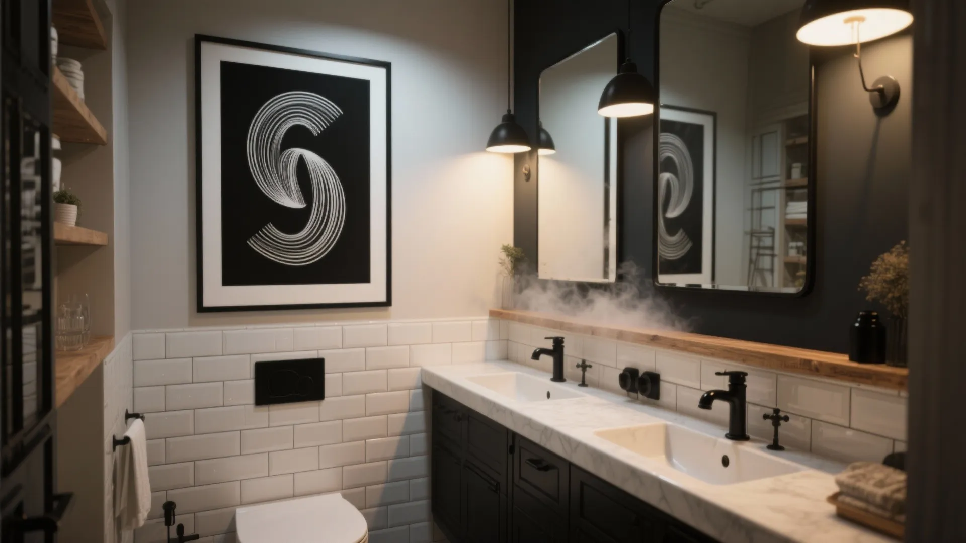 Modern bathroom featuring double sinks black cabinets white brick walls two mirrors and wall lights