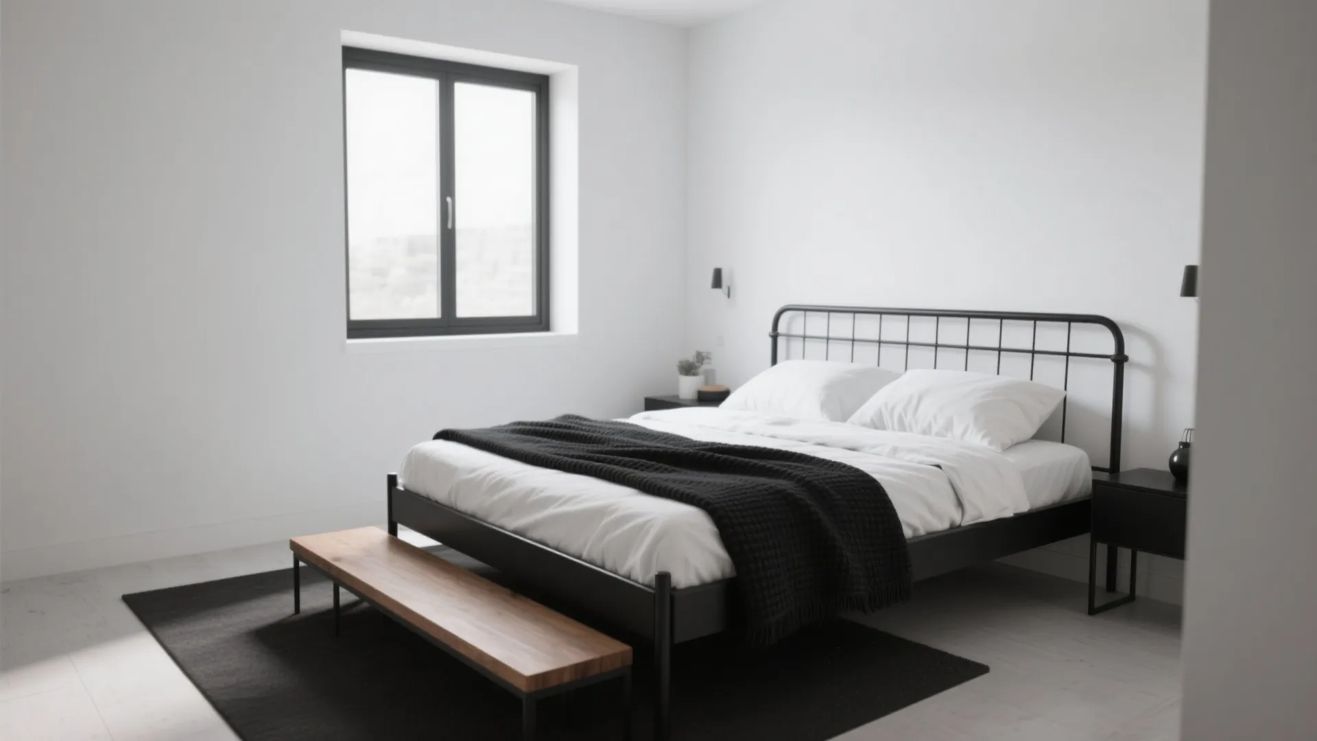 Minimalist white bedroom with black metal bed dark blanket wooden bench and large black window