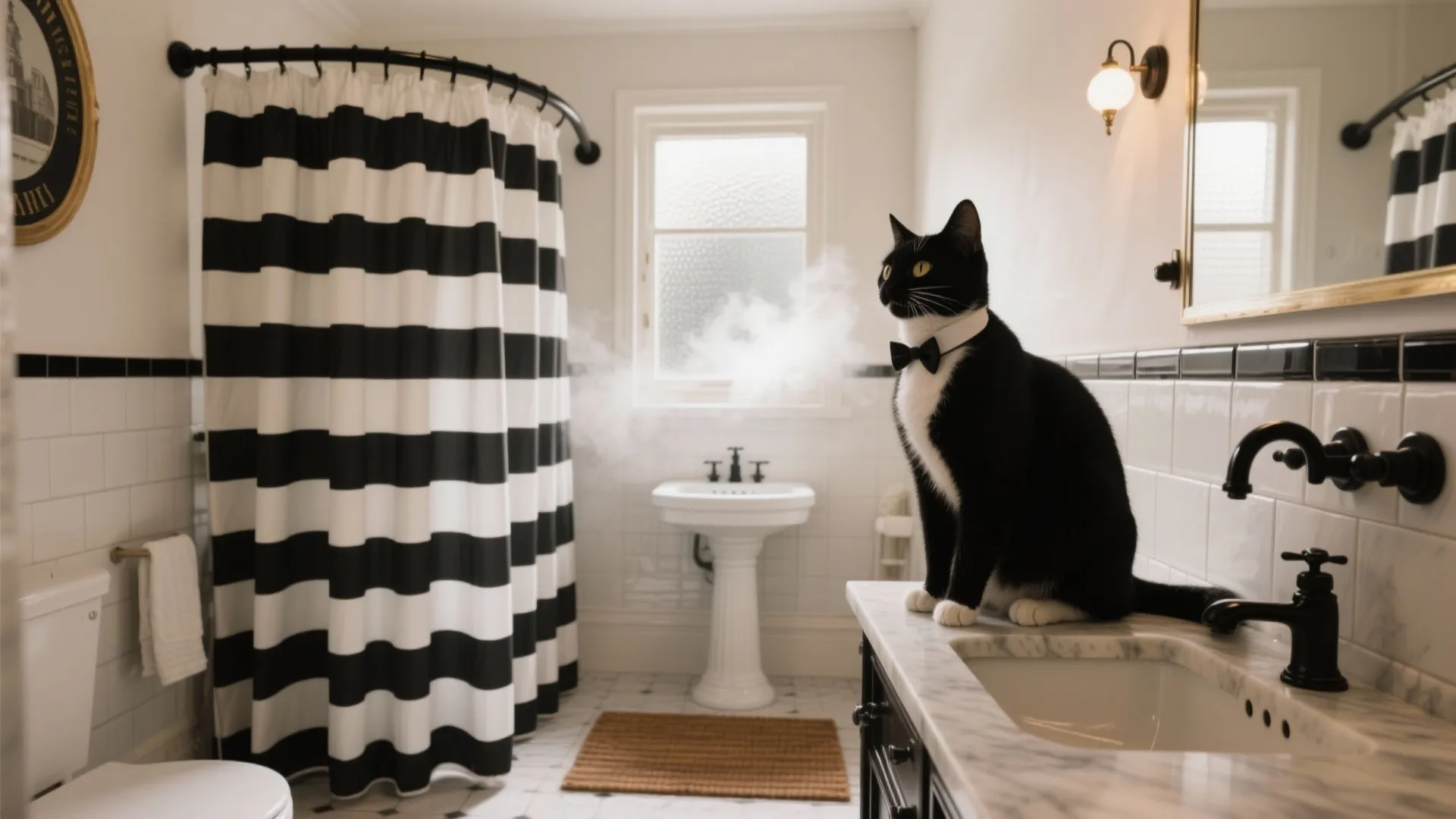 Black and white bathroom with striped curtain tuxedo cat sitting on marble counter and wall light