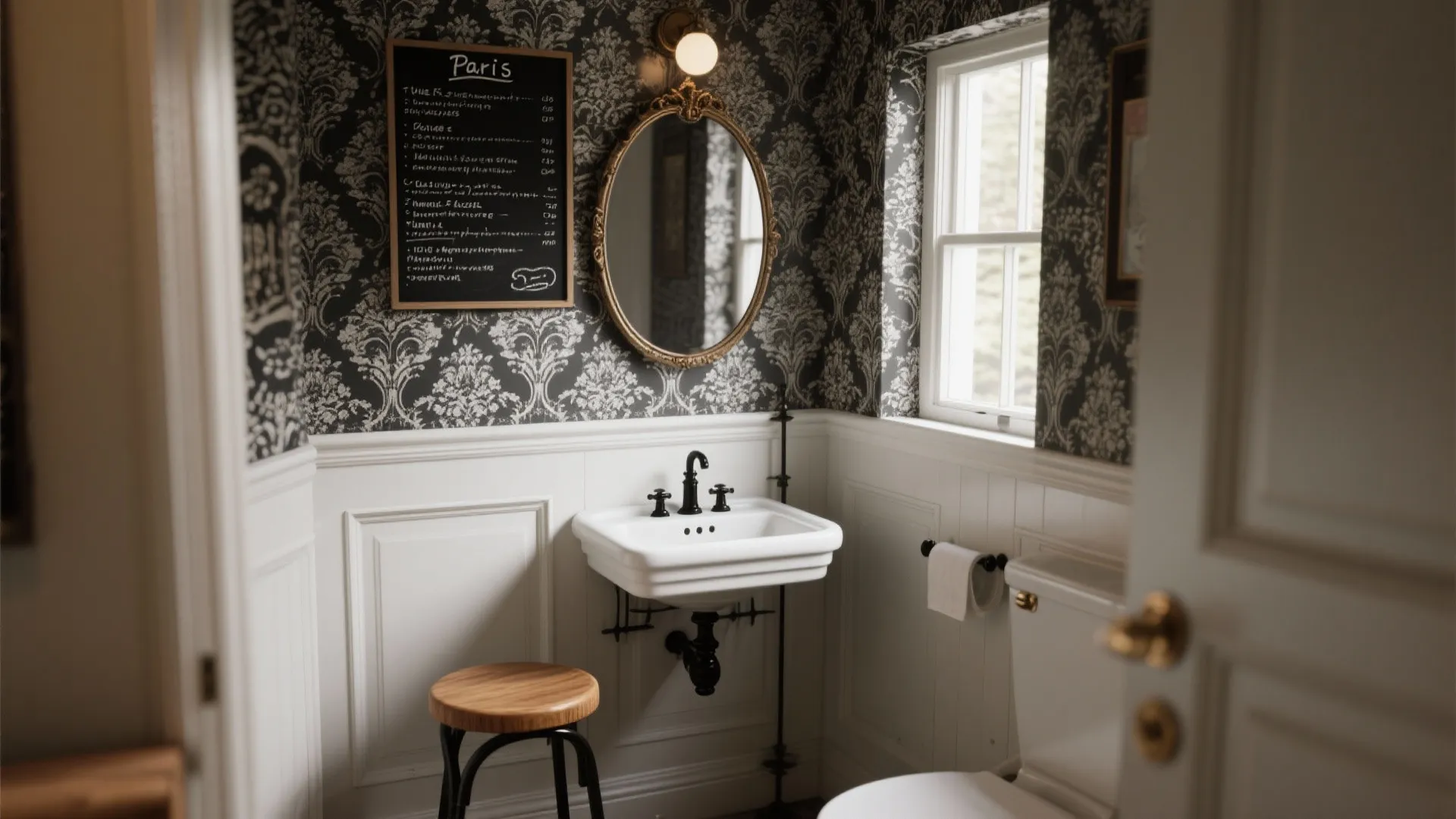 Vintage bathroom with black floral wallpaper white wall panels golden mirror and white sink fixture
