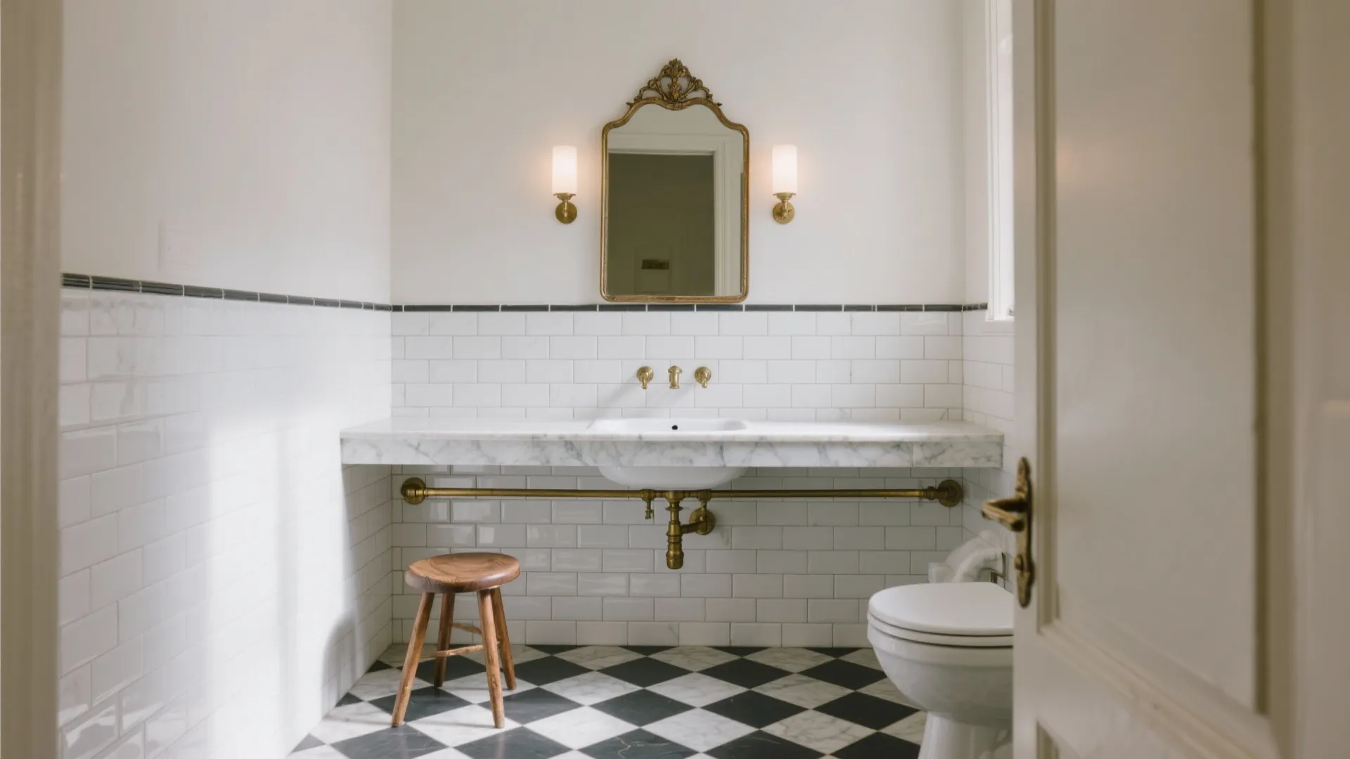 Idea 1: Black-and-white bones, warm brass soul