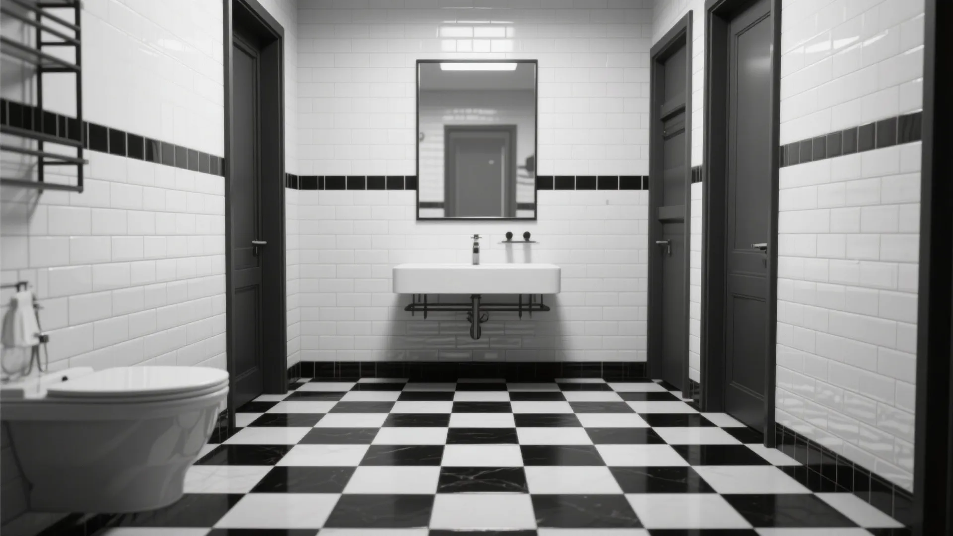 Modern bathroom with black and white checkered floor tiles white wall tiles and minimalist sink