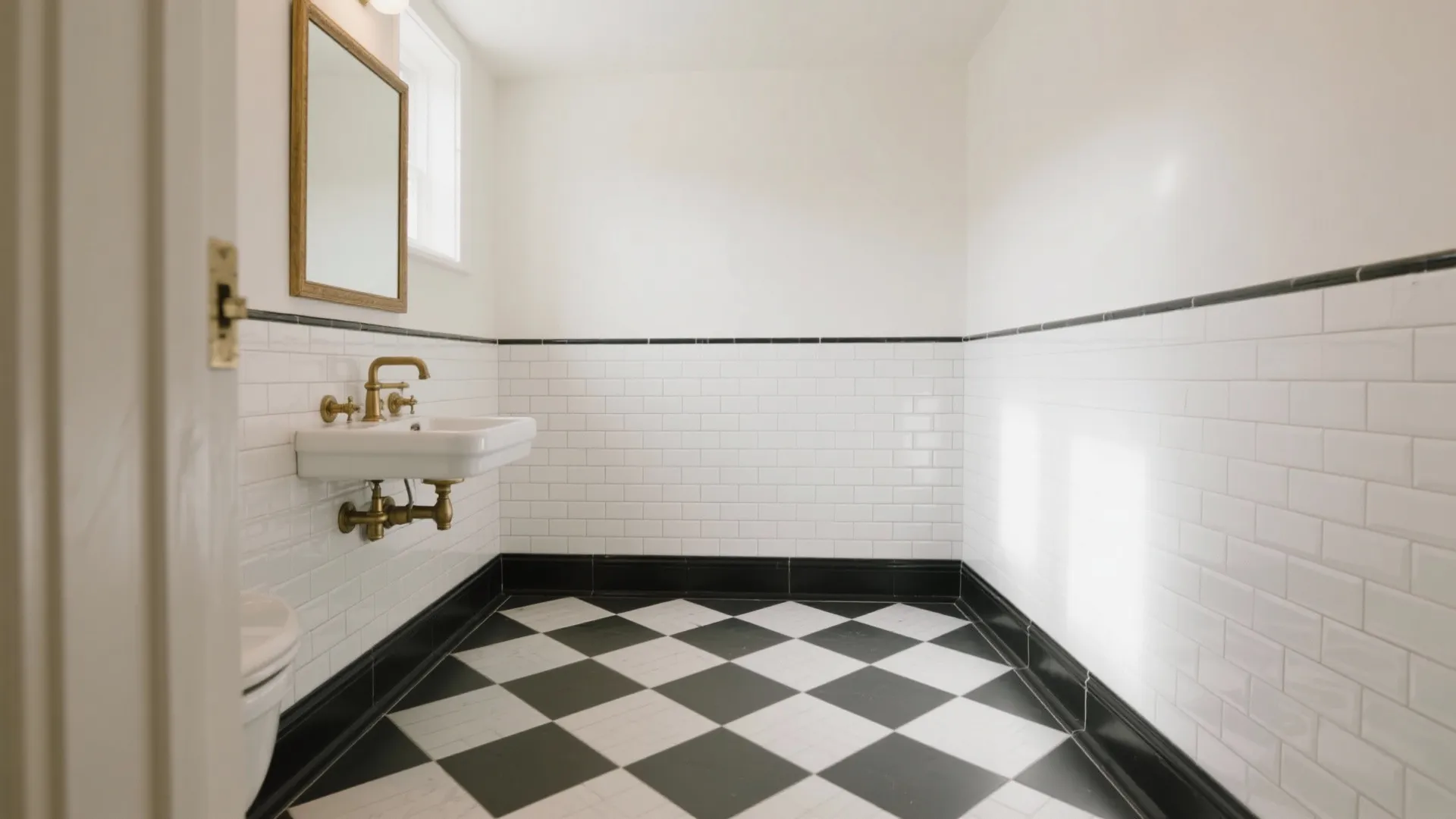 Classic bathroom featuring black and white checkered floor tiles with a white wall panel sink
