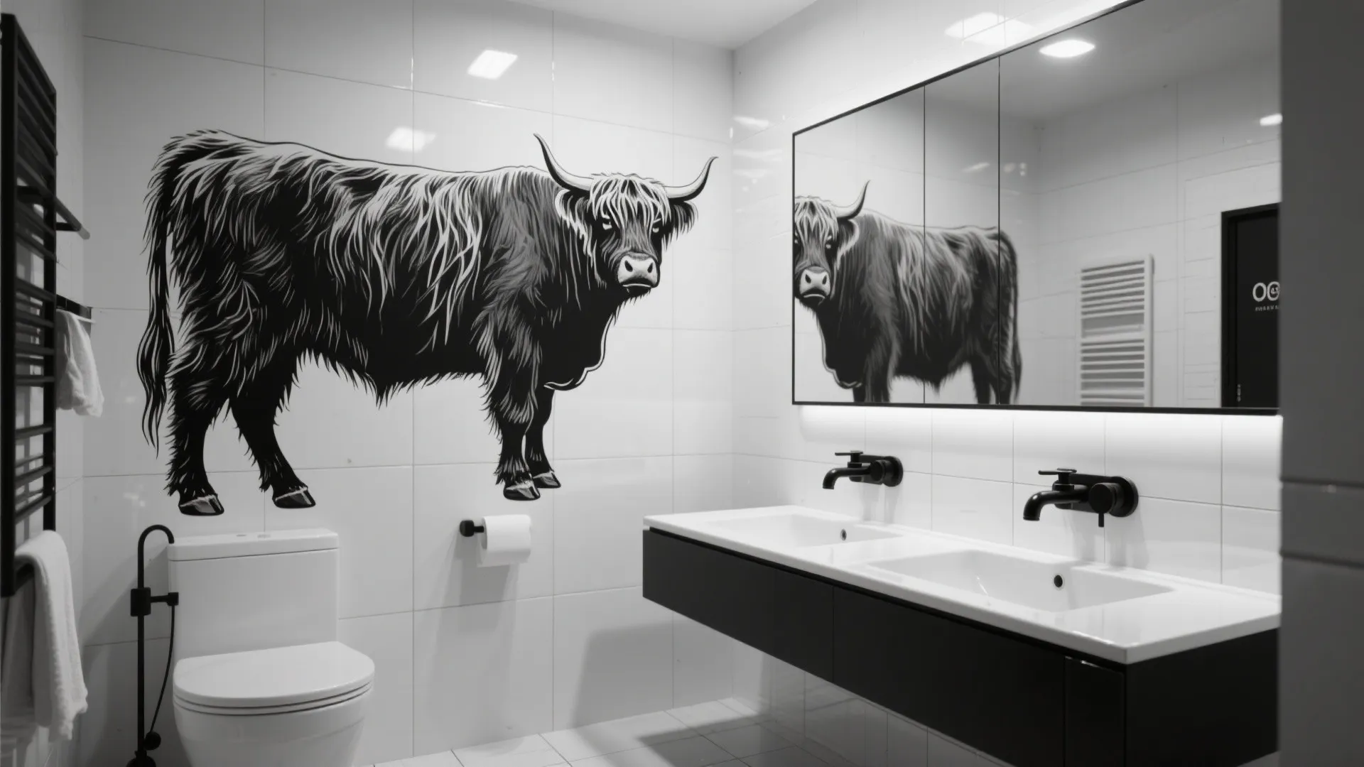 Monochrome bathroom with a graphic highland cow illustration, matte-black fixtures and glossy white tiles.