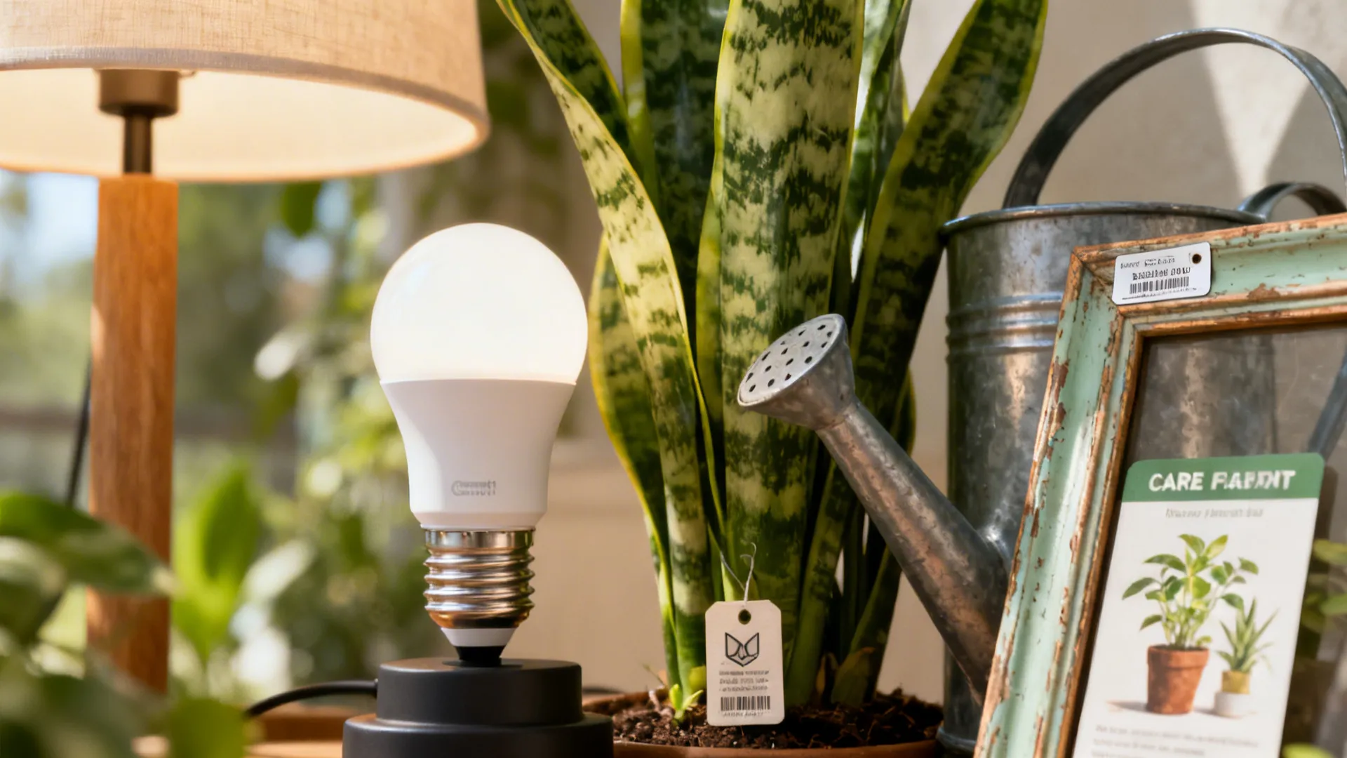 Practical close-up showing smart lighting, plant care tools and thrifted frame details