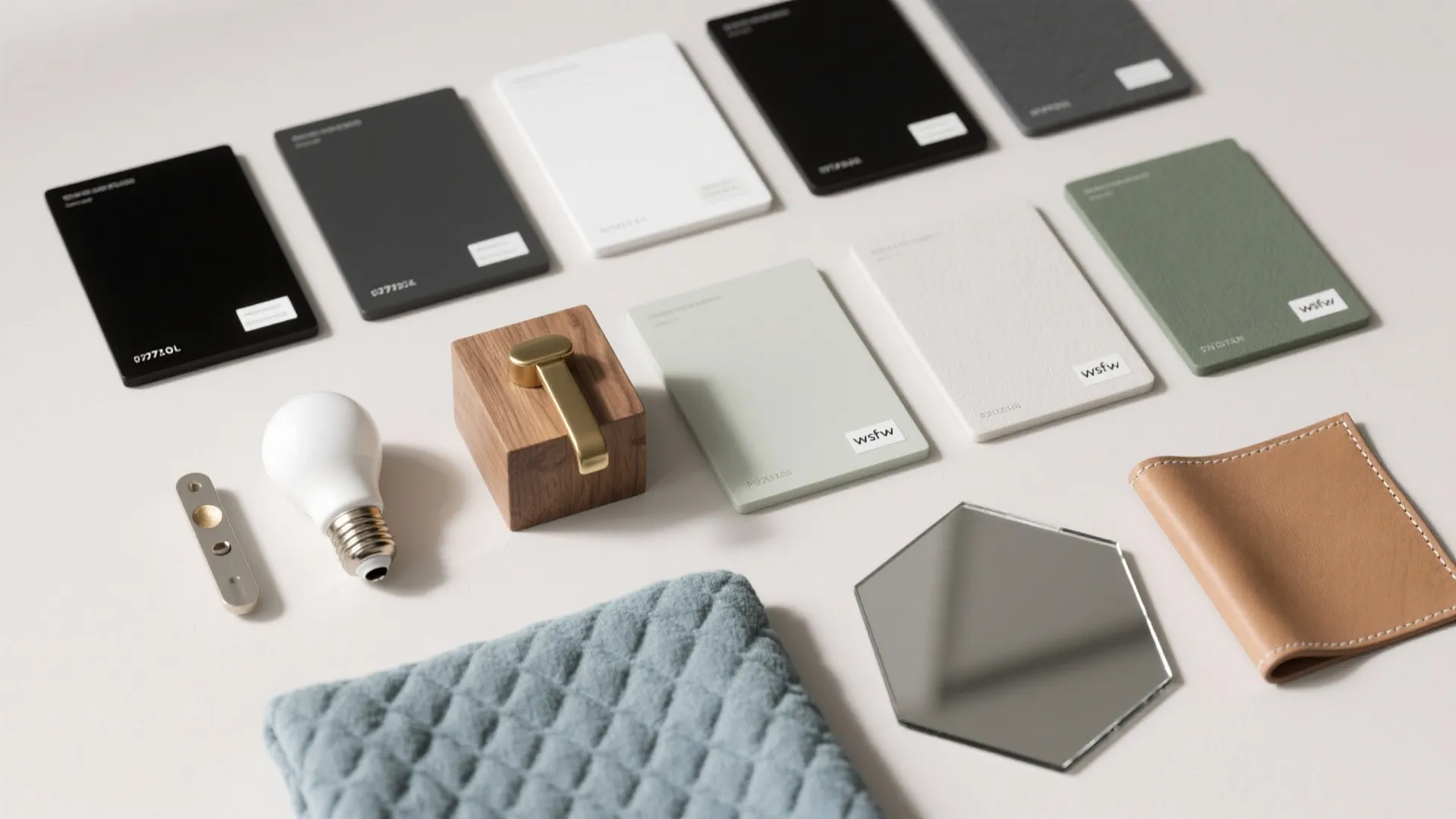 Interior design mood board with color samples light bulb mirror and various textures on tabletop