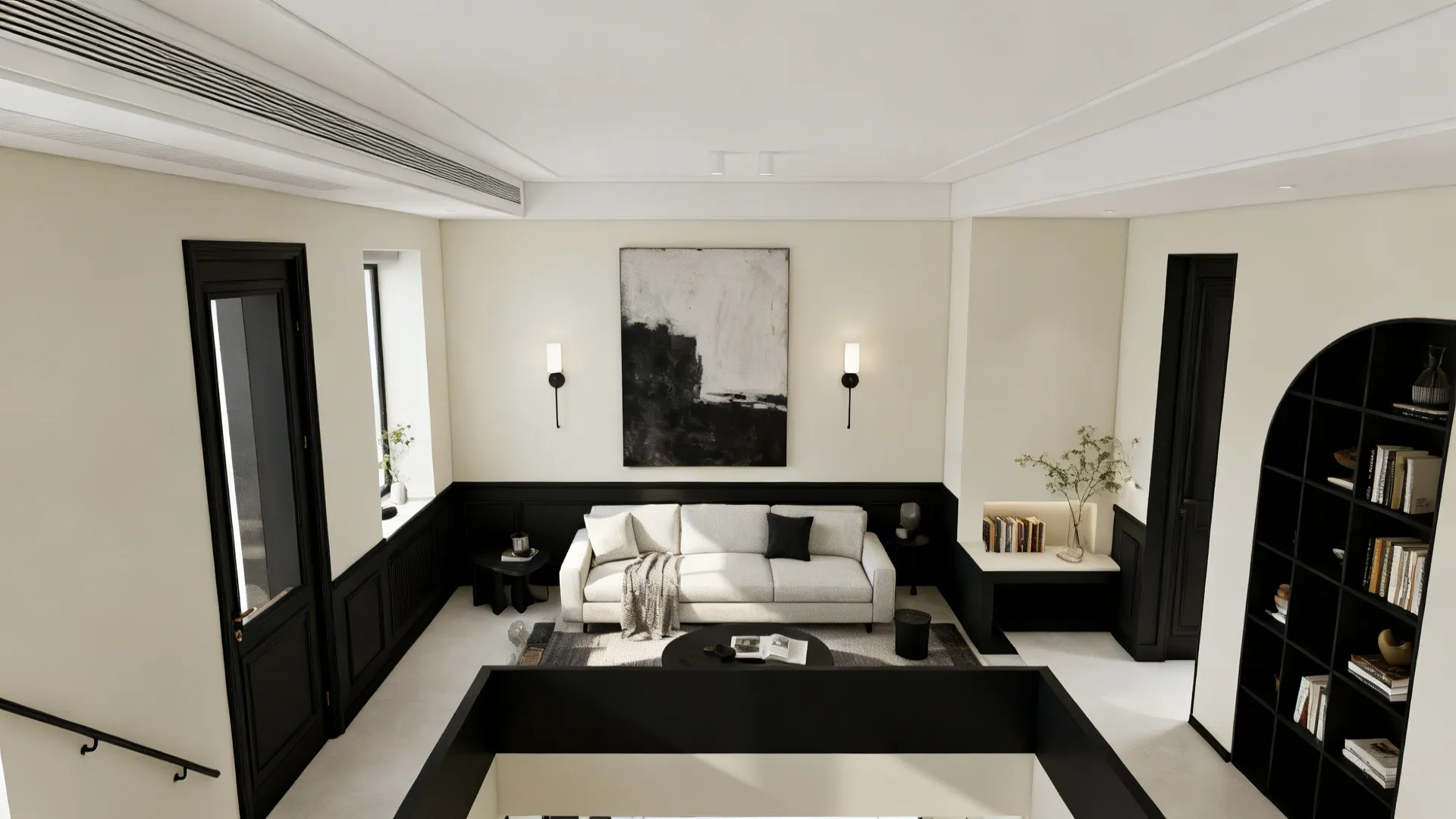 Top-down planning mock-up of a small black and white living room with clear circulation and zones.