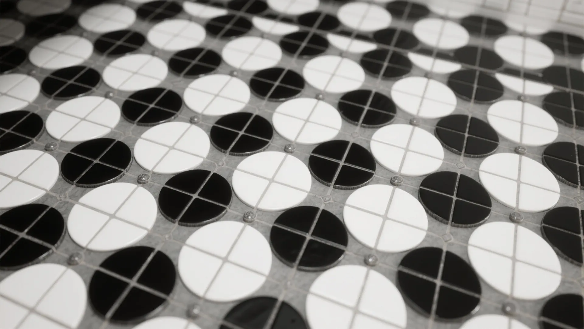 Close up view of black and white circular pattern floor tiles in a modern bathroom