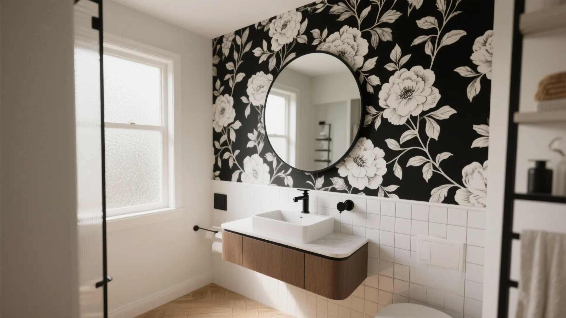 Modern bathroom with black floral wallpaper, round mirror, white sink, wooden cabinet, and natural light