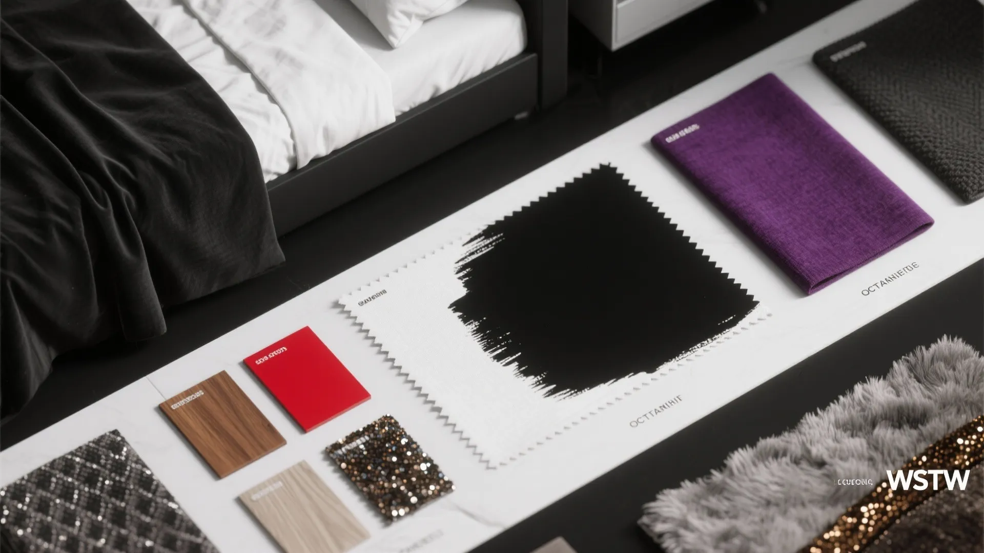 Interior design material board featuring fabric samples and wood swatches on a white flat surface