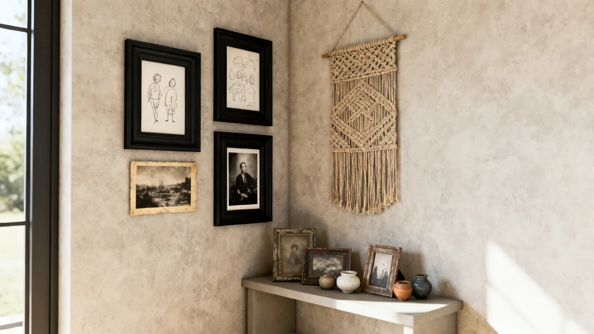 Monochrome gallery corner with black frames, hand-drawn prints and a woven wall hanging