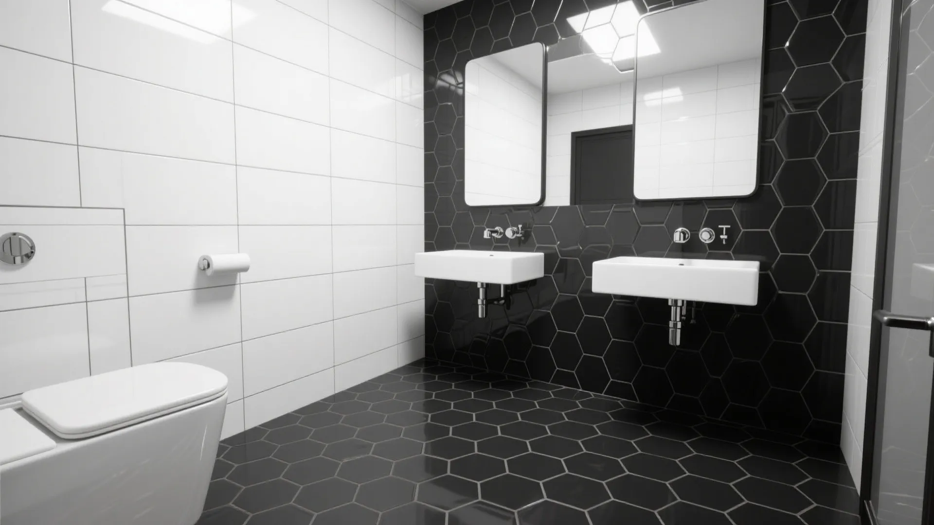 Black-and-White Geometry: Hex or Checkerboard + Glossy Walls
