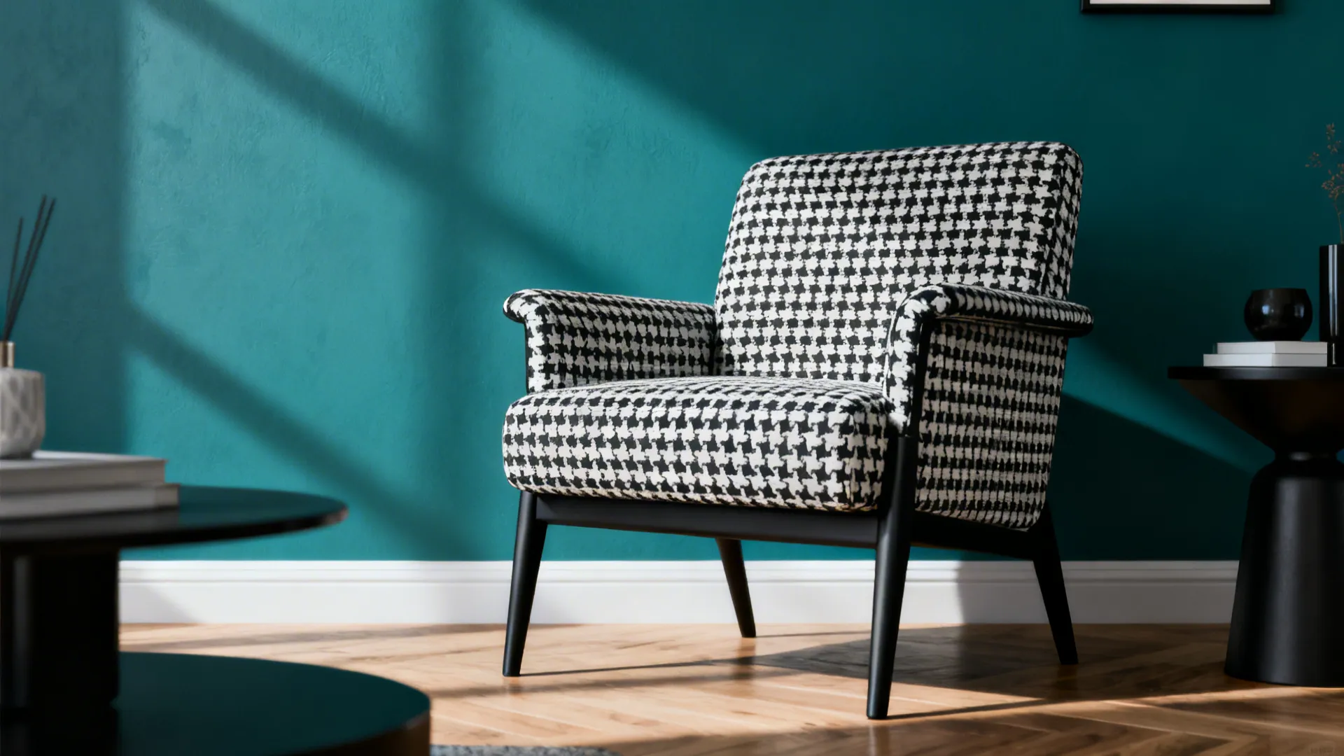Compact living room with a black-and-white graphic accent chair against a muted jewel-tone wall