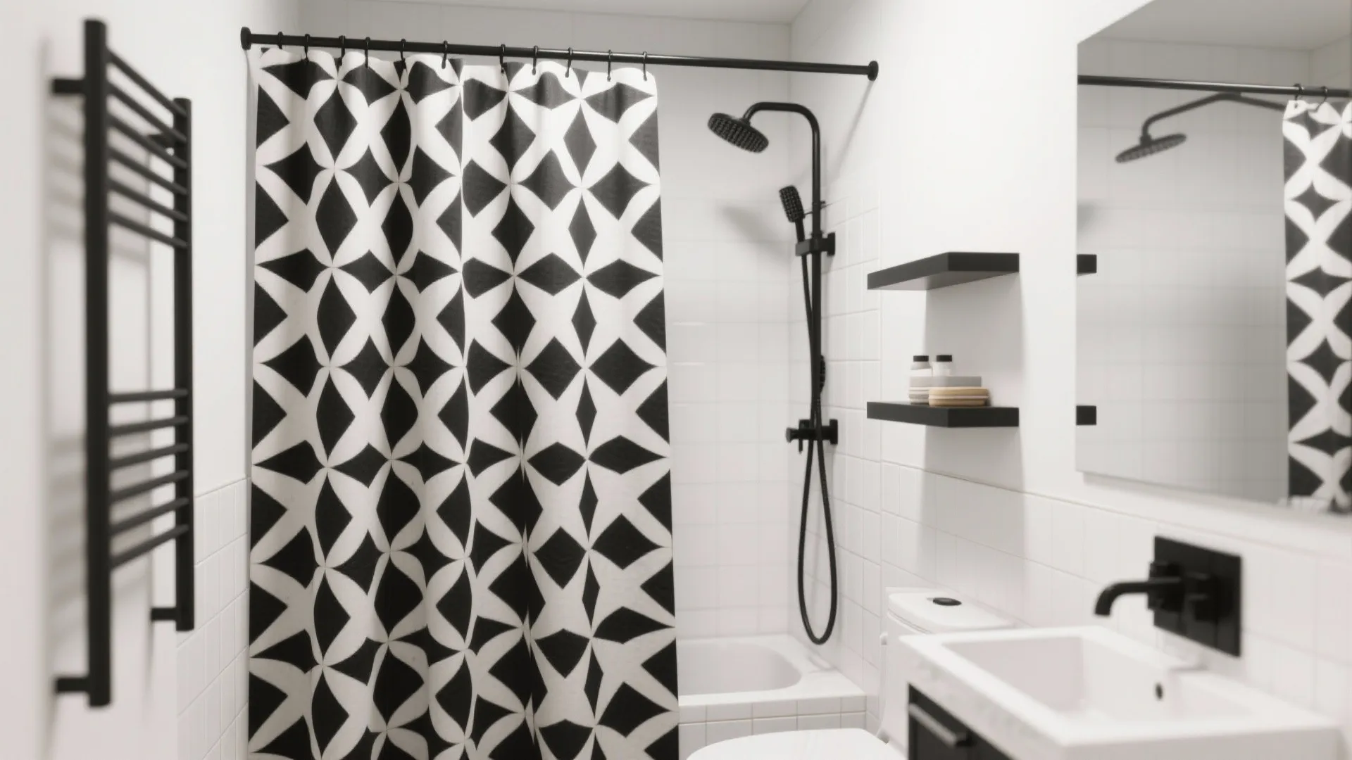 Modern bathroom with black geometric pattern curtain plus black shower head and white wall tiles