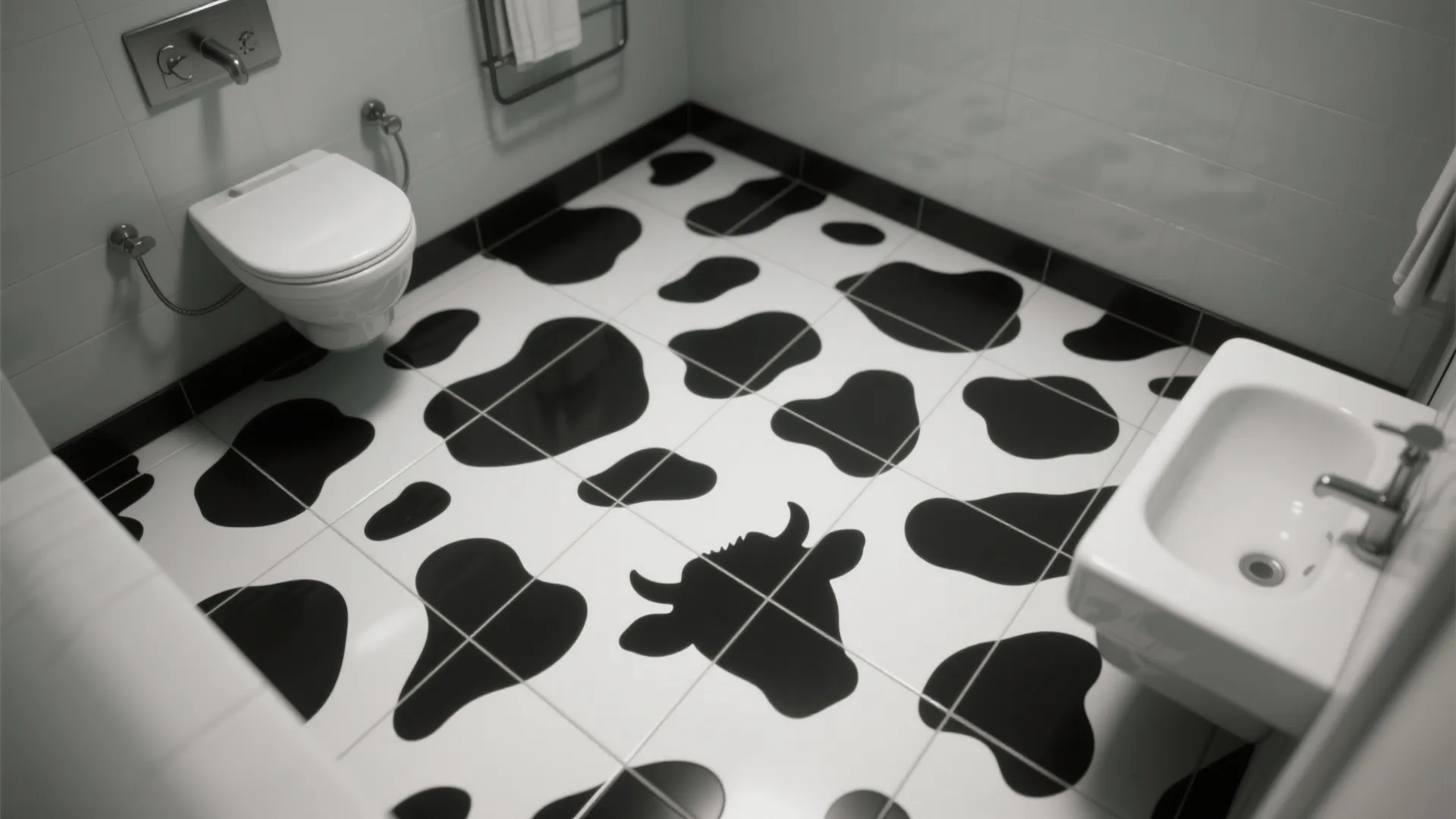 Modern bathroom featuring white walls and floor tiles with a black and white cow pattern