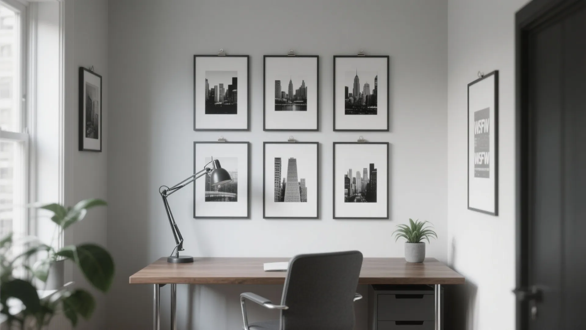 Black-and-white photo posters in a balanced grid