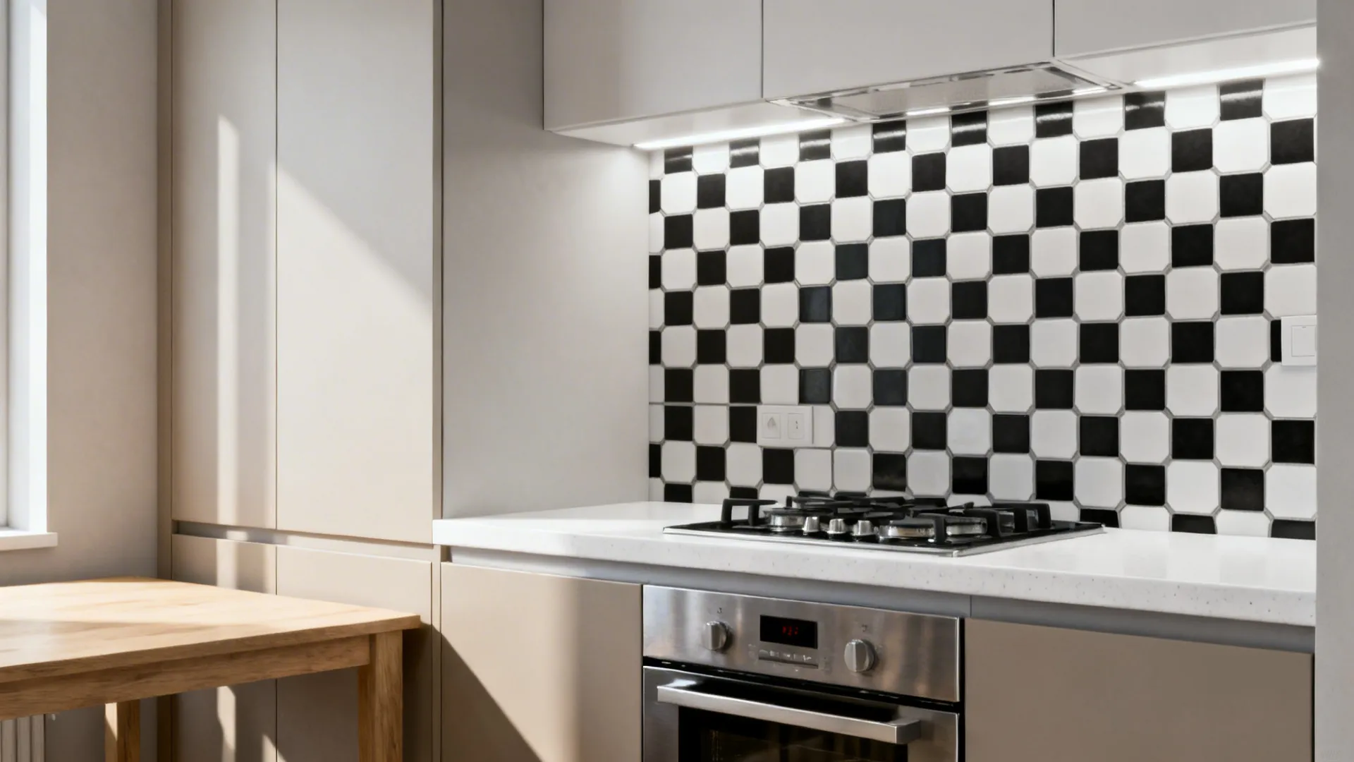 Black-and-white 1.5-inch hex porcelain mosaic backsplash behind a compact cooktop.