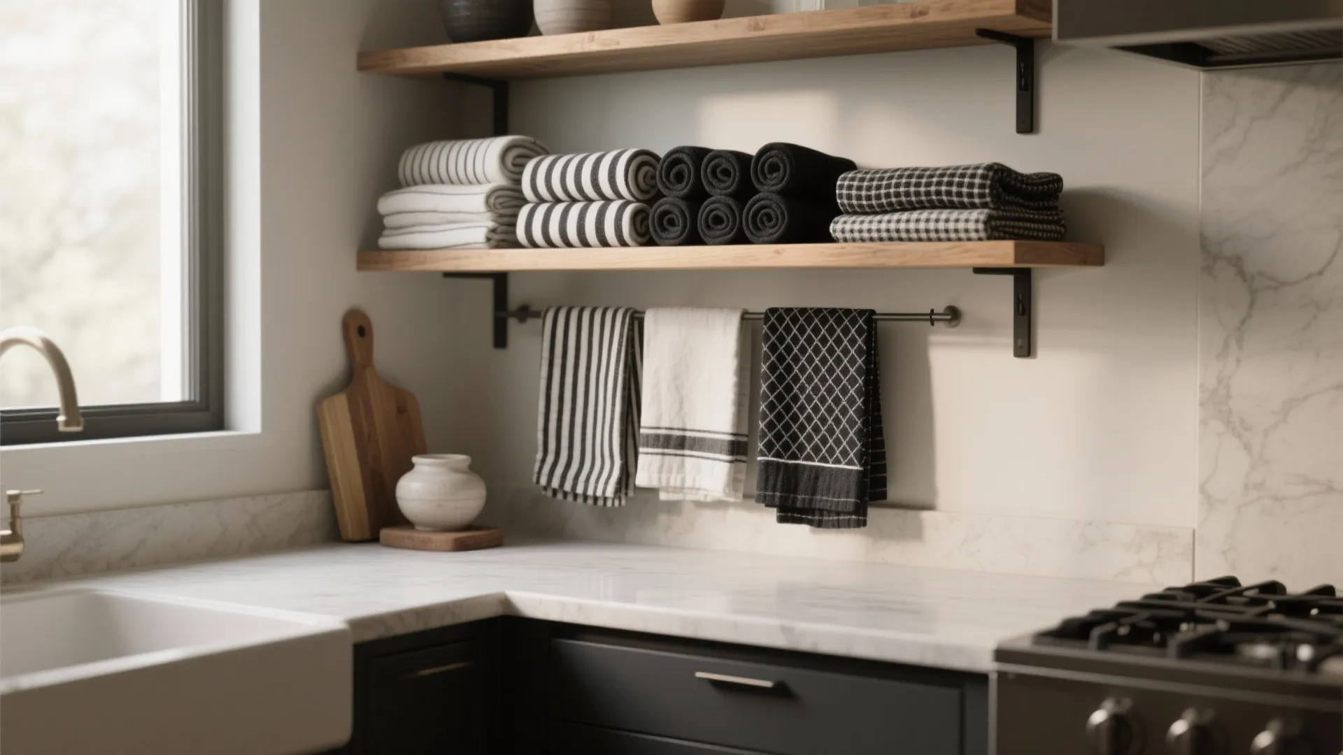 Modern kitchen with marble countertop wooden wall shelves rolled black and white towels and window