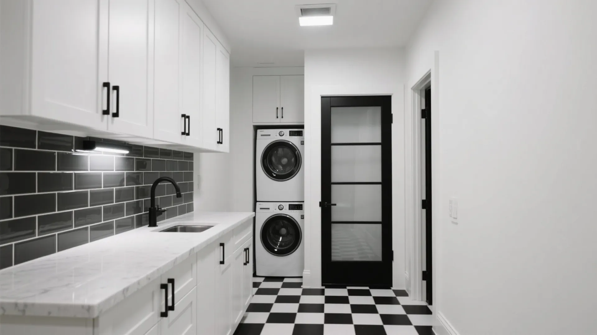 Modern black and white laundry room with white cabinets dark wall tile and stacked machines